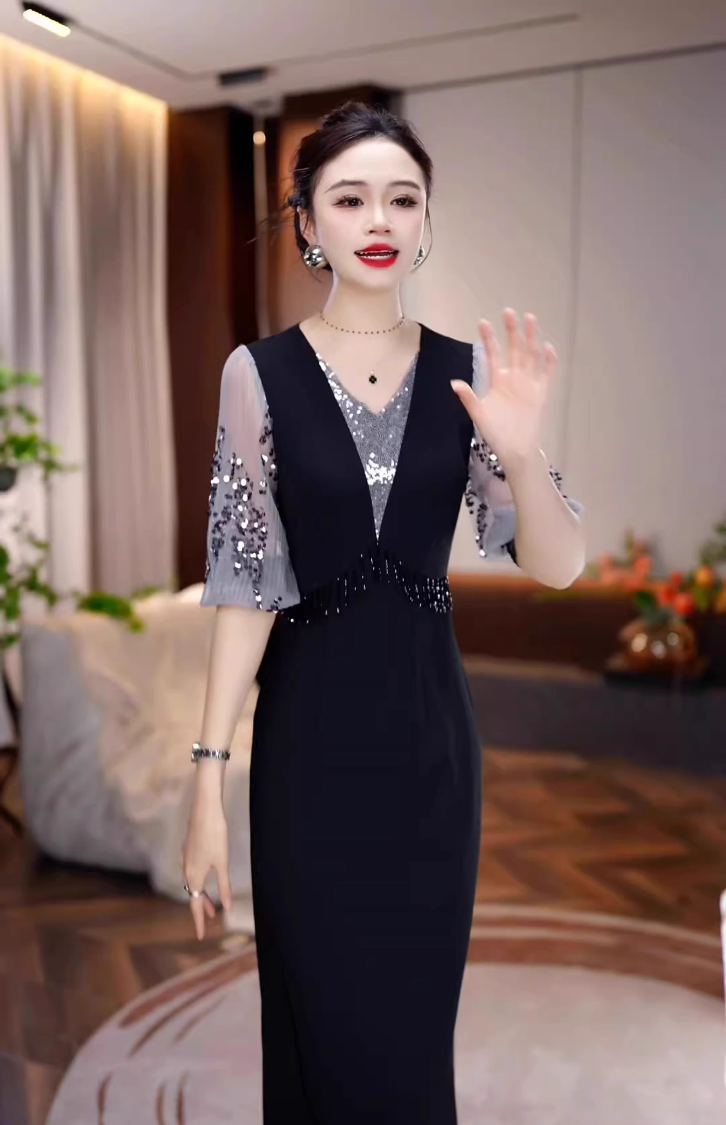 17709-Đầm body suông phối tay voan lưới kim sa ngắn ( thun nhật, voan)_thumbnail_0