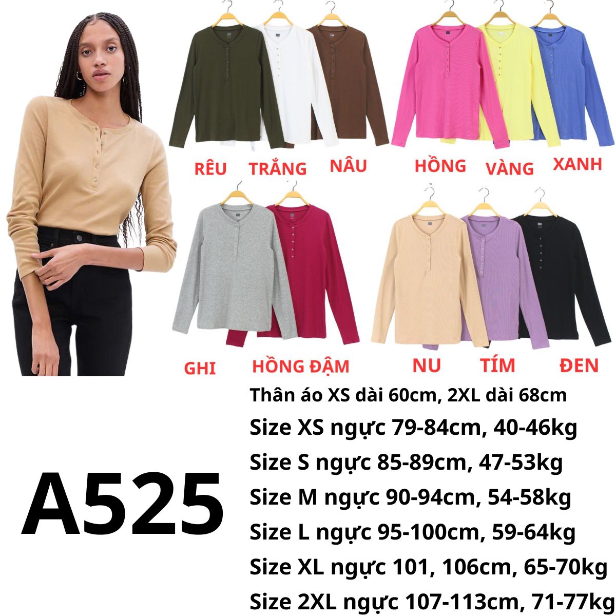 A525 ÁO THUN TAY DÀI GẤP