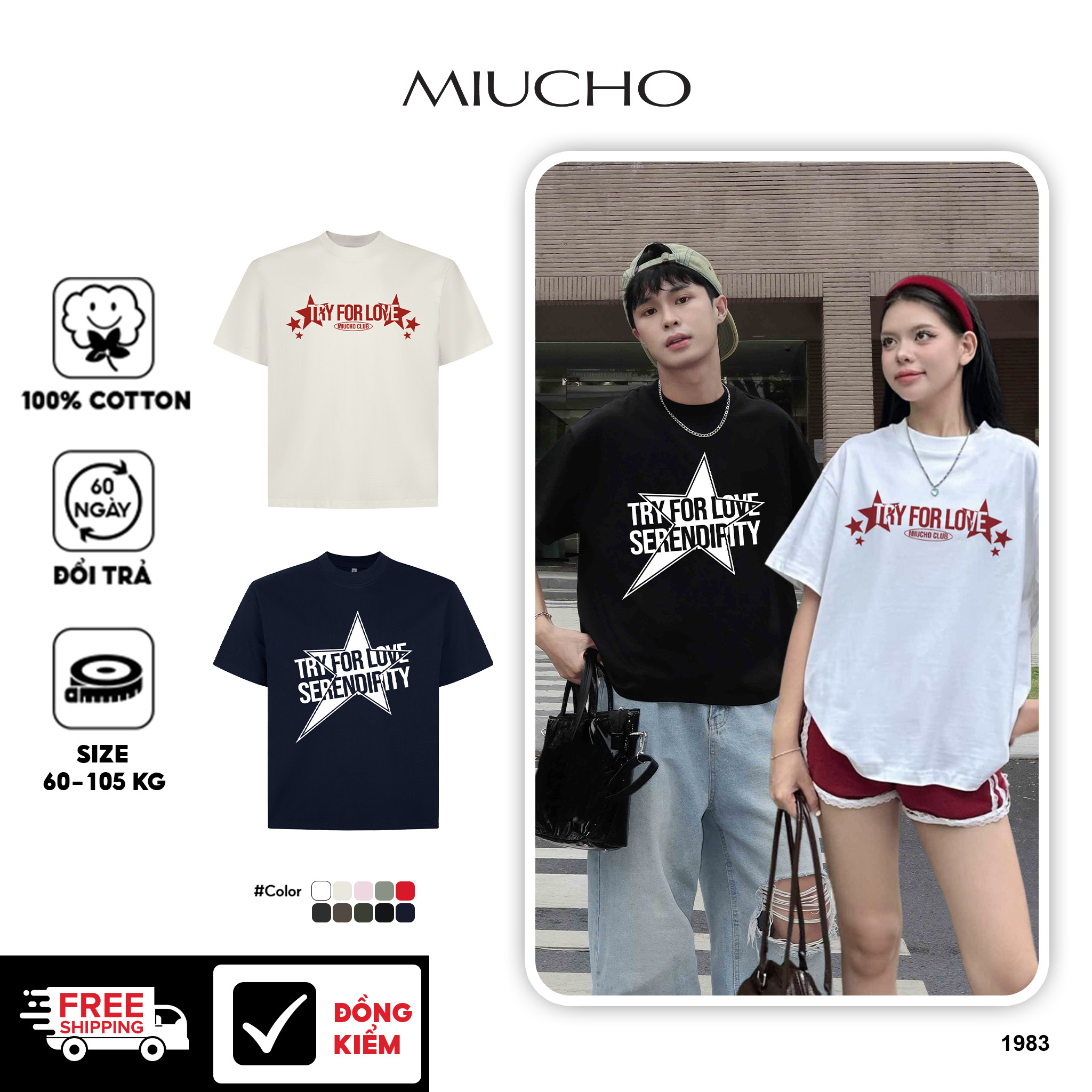 Áo phông đôi nam nữ form boxy 1982 Miucho Club cổ tròn vải cotton 2c 250gsm in mix