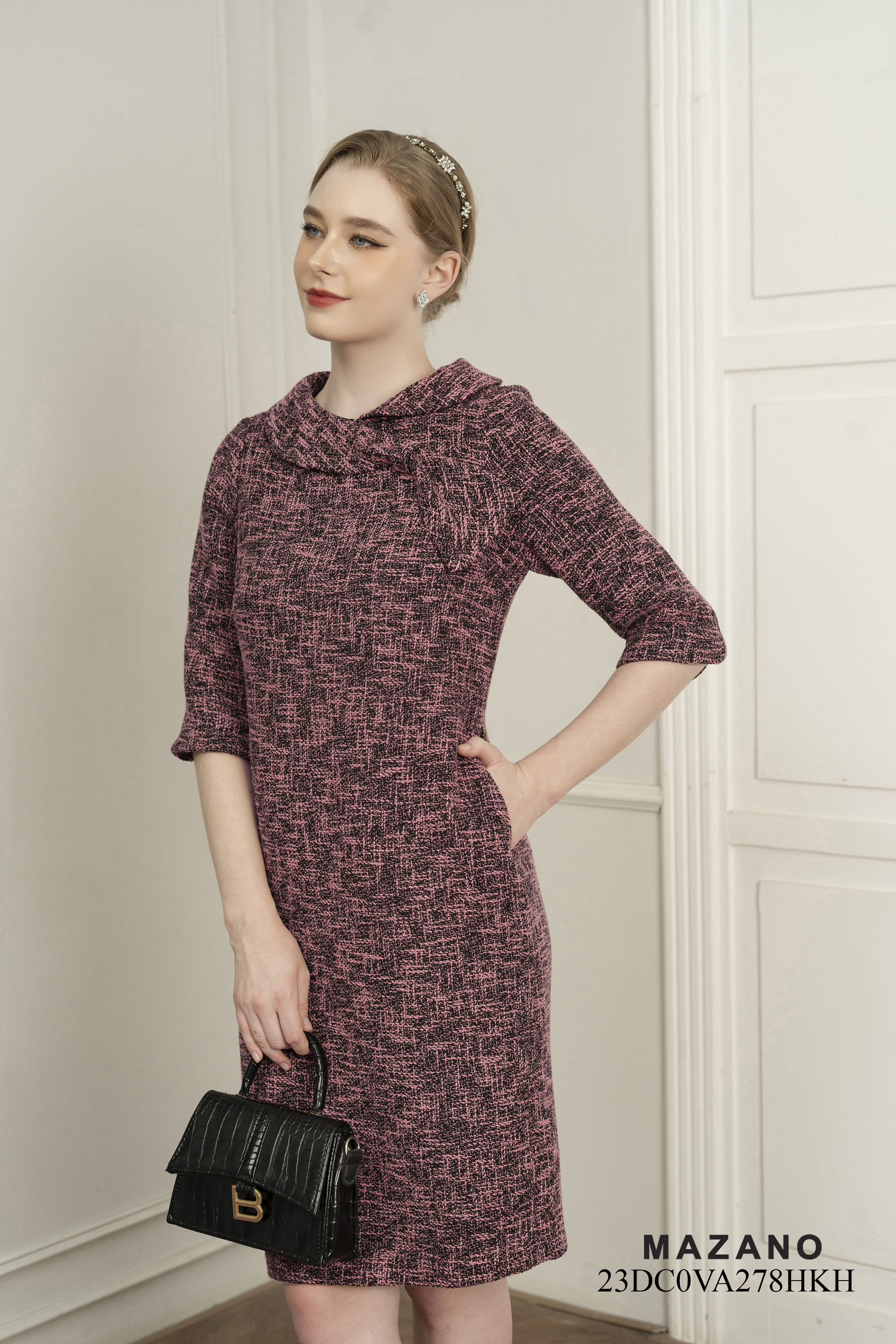 Váy Đầm Suông Vải dạ tweed Cổ bẻ cách điệu Tay lỡ Dài qua gối