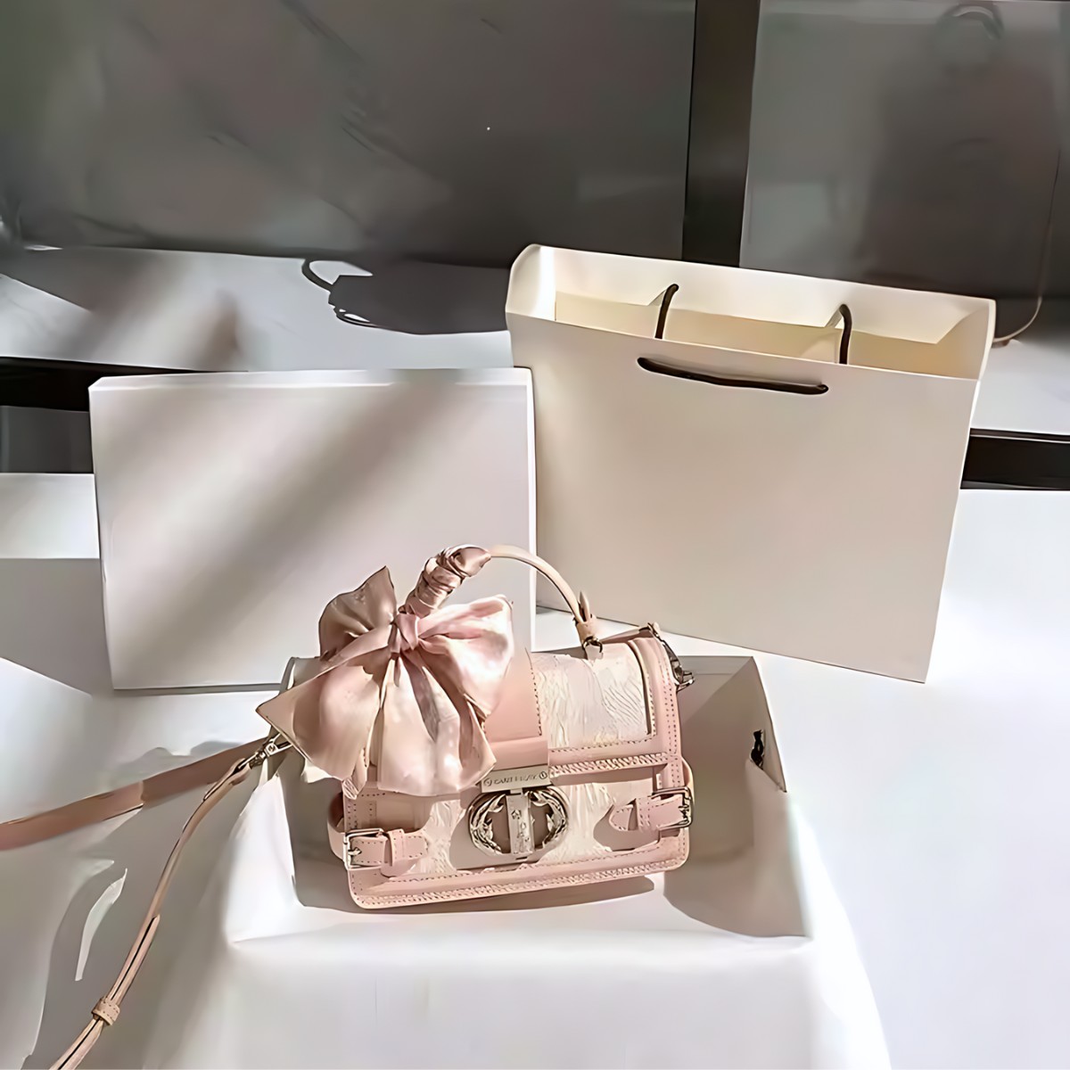 UHE_2522 – Túi xách LUMINA tặng khăn lụa | Da thêu hoa – 2 màu Hồng phấn & Xám bạc