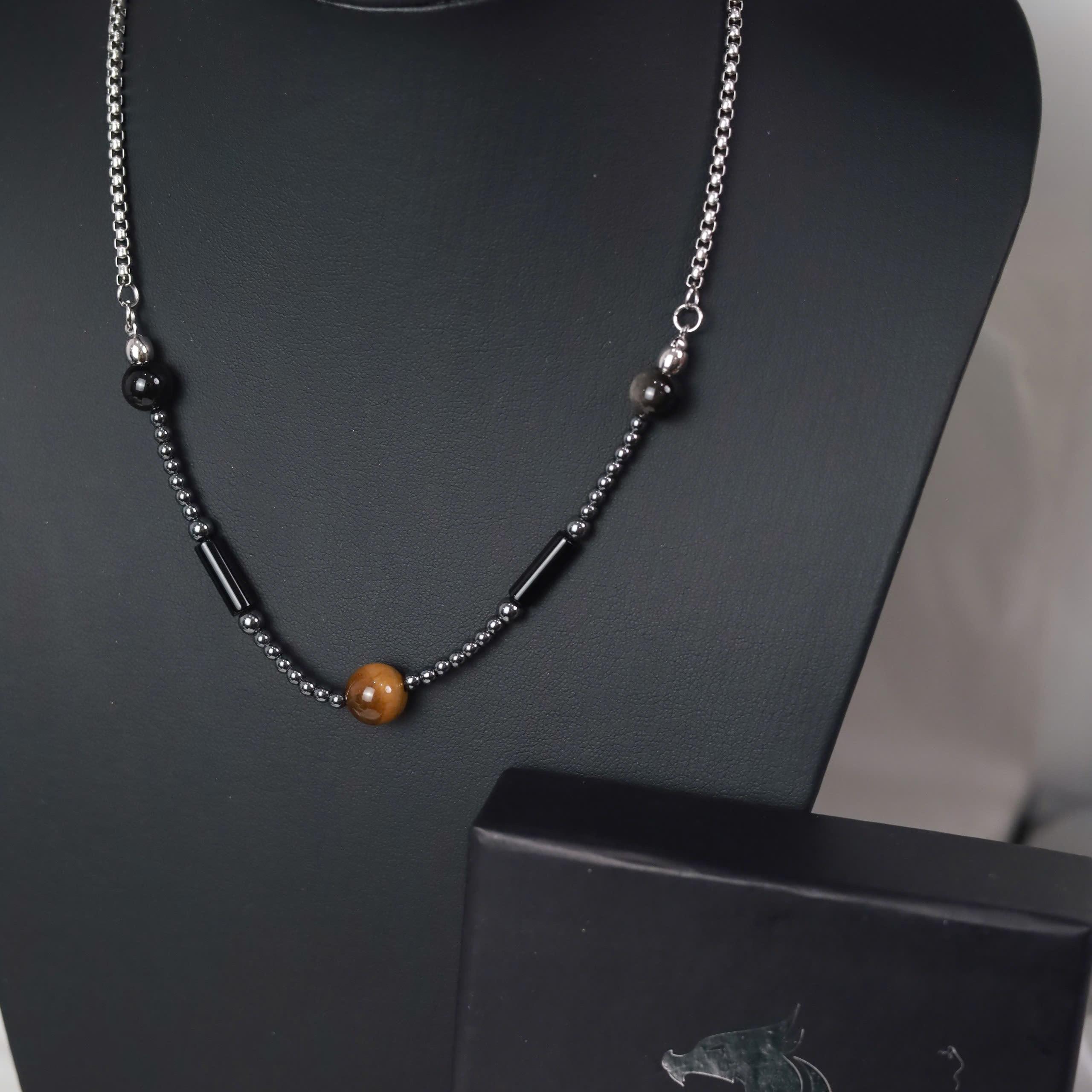 Vòng cổ titan hạt ngọc đen đá trụ nâu_thumbnail_2