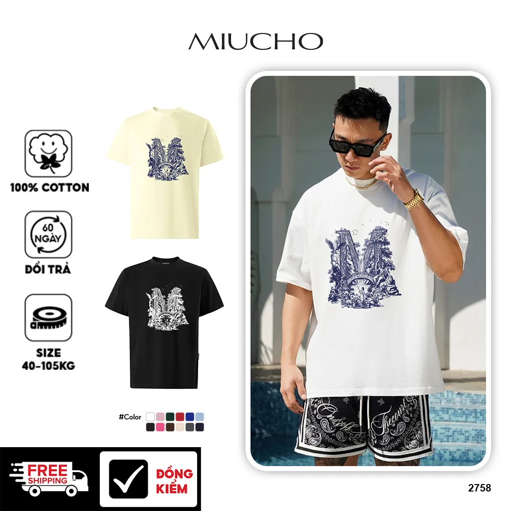 Áo thun nam form rộng Miucho Iconic vải cotton co giãn 2 chiều thoáng mát dễ phối đồ in chữ cái M 2758