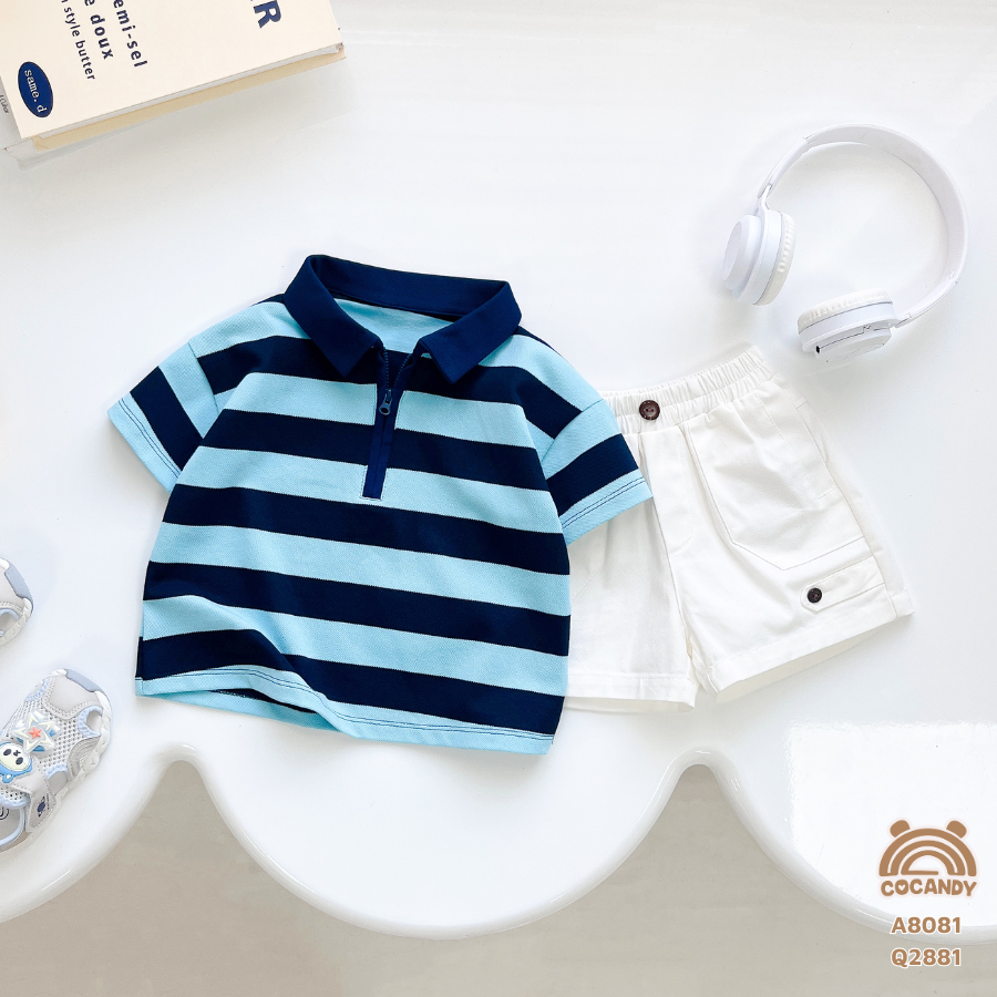 Áo cộc polo kẻ XANH THAN phối xanh dương nhạt