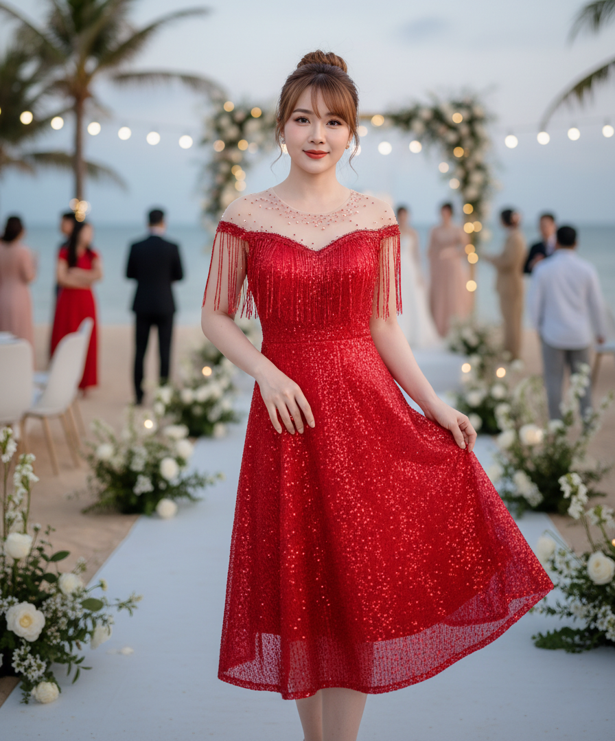 Đầm dạ hội dự tiệc kim sa lửng phối tua rua cao cấp_thumbnail_2