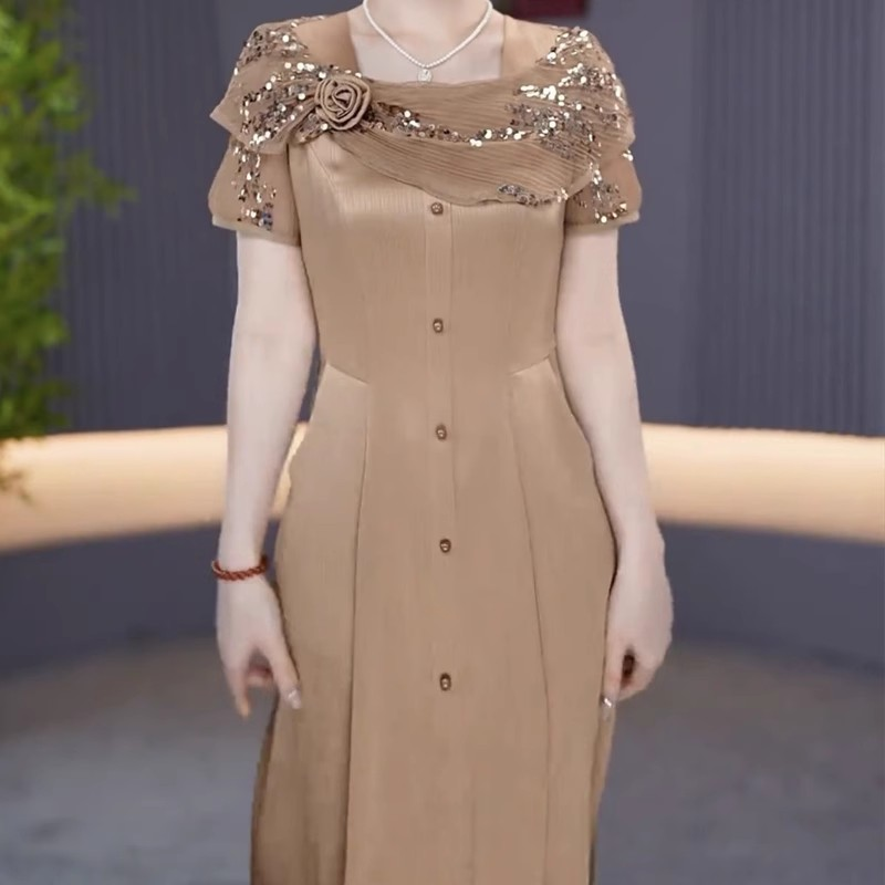 16935-Đầm lụa suông A vàng nâu vai  phối  voan kim sa ( lụa , voan )_thumbnail_0