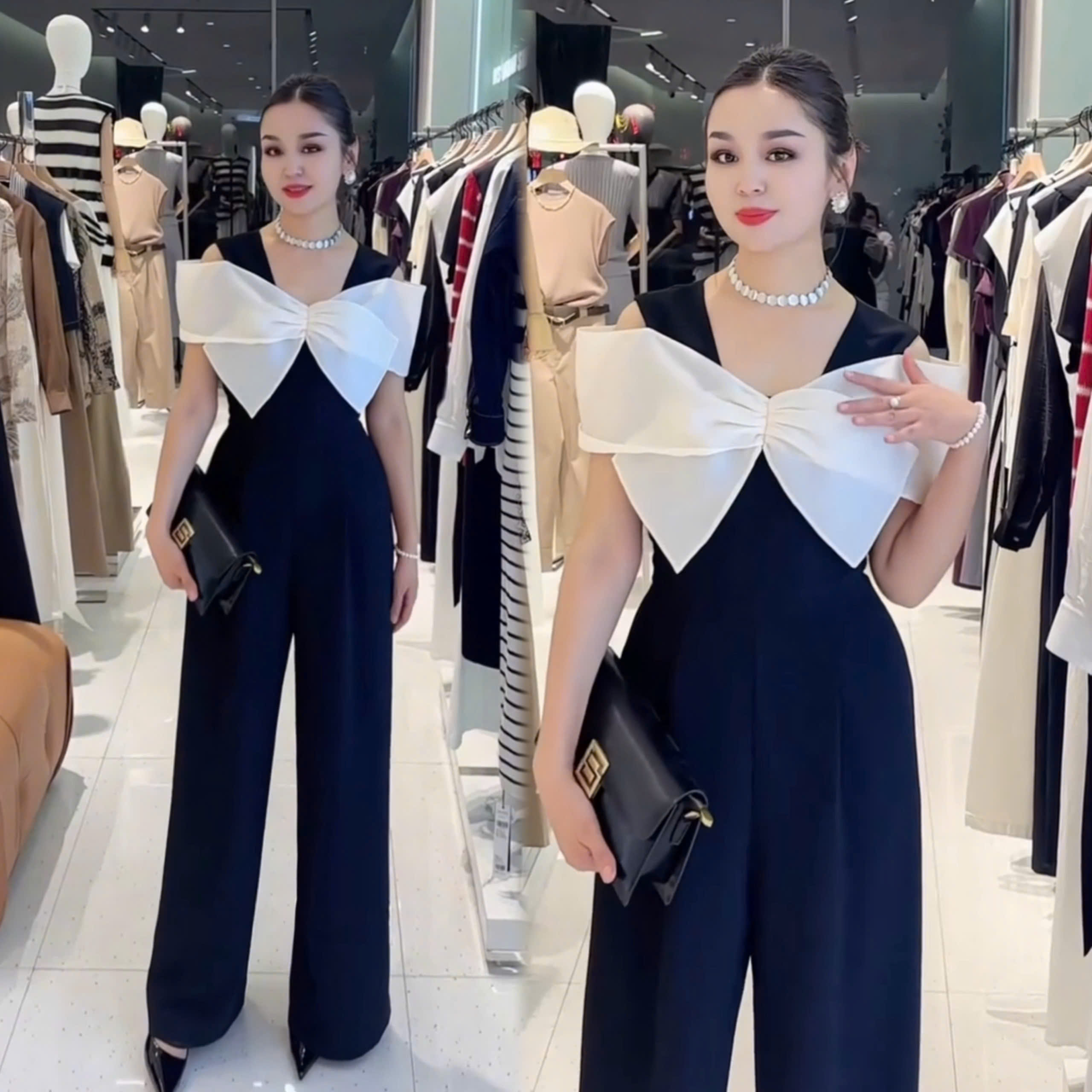 Jumpuit dài thiết kế phối nơ quần ống rộng Phong Cách_thumbnail_3