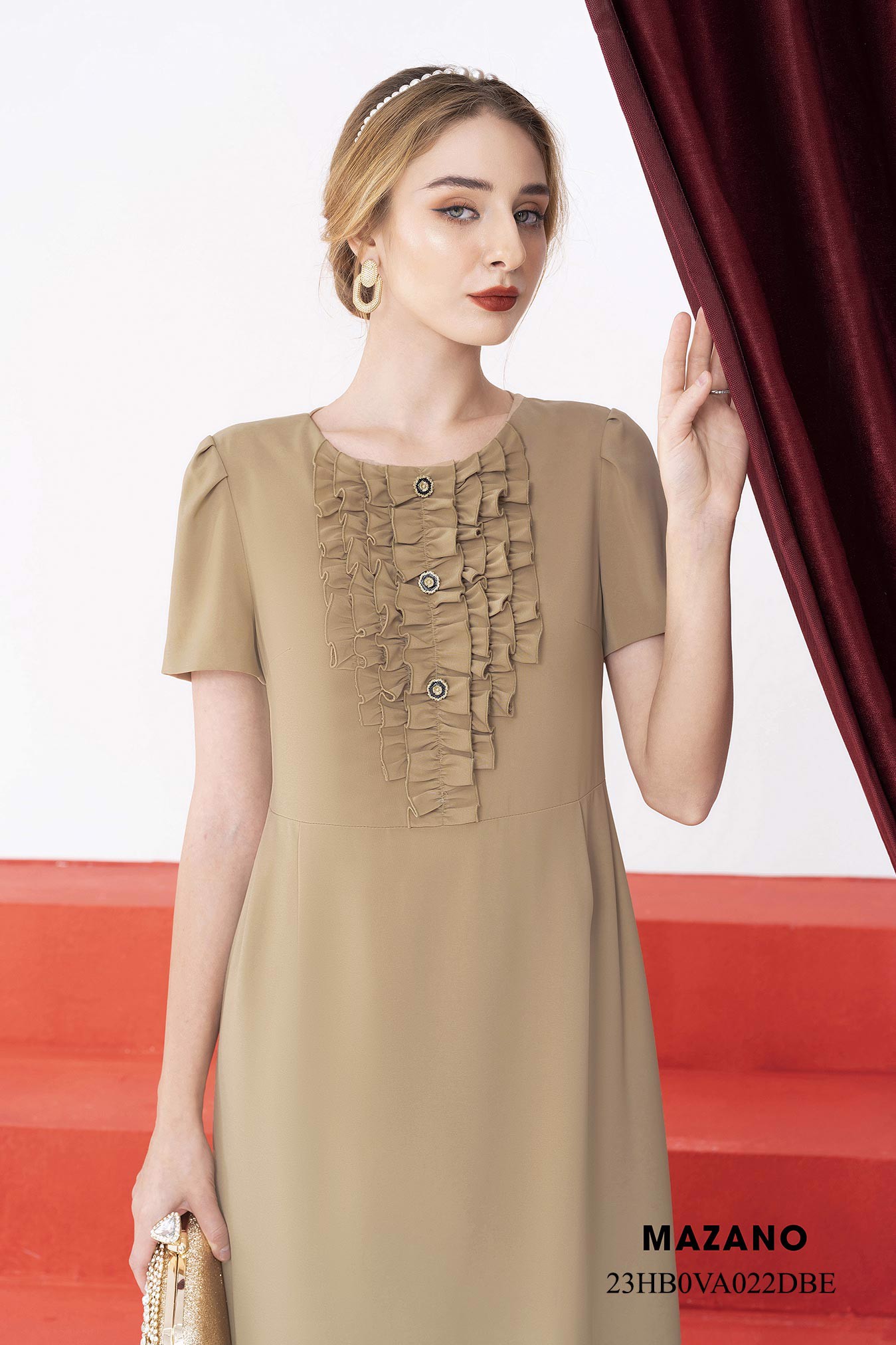 Váy Đầm Suông Vải thô mỏng Cổ tròn trang trí bèo cổ Tay ngắn Dài qua gối_thumbnail_2