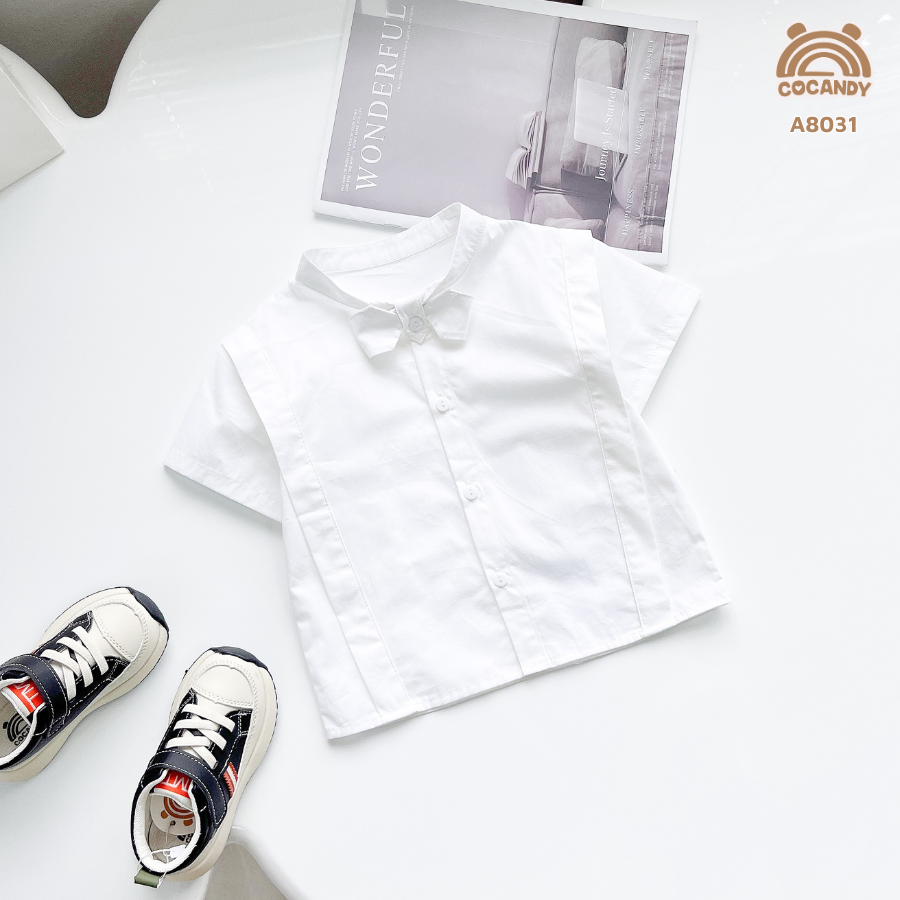 Áo cộc sơ mi TRẮNG nơ cổ nẹp sườn chéo_thumbnail_1