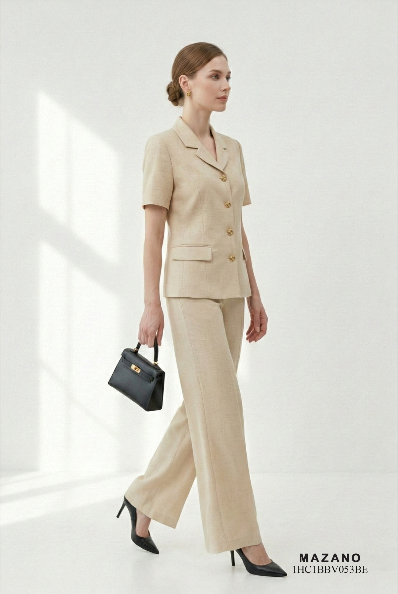 Bộ vest áo và quần vải linen màu be cổ vest cách điệu tay ngắn thiết kế MAZANO_thumbnail_5