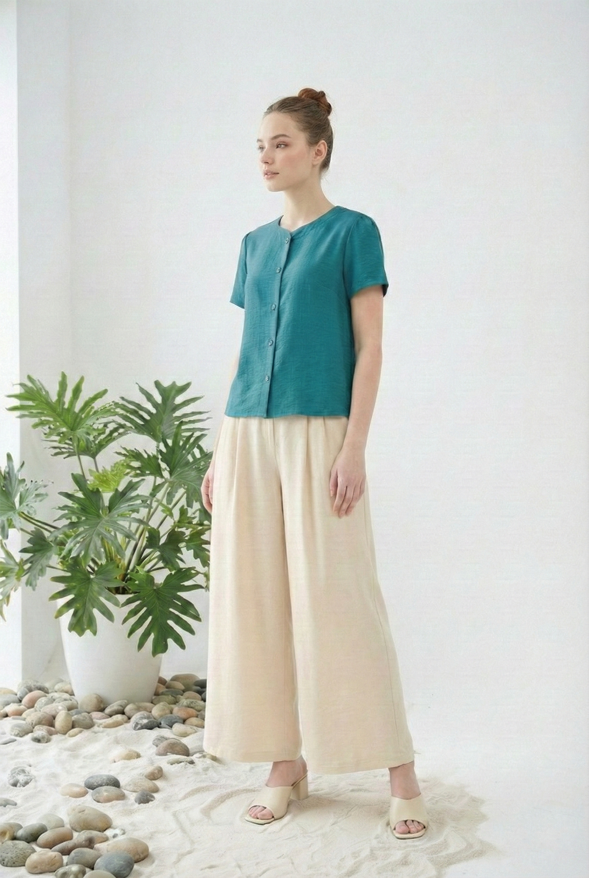 Quần vải thô pha linen trắng dáng suông rộng thiết kế MAZANO 1HB1SQT045BE