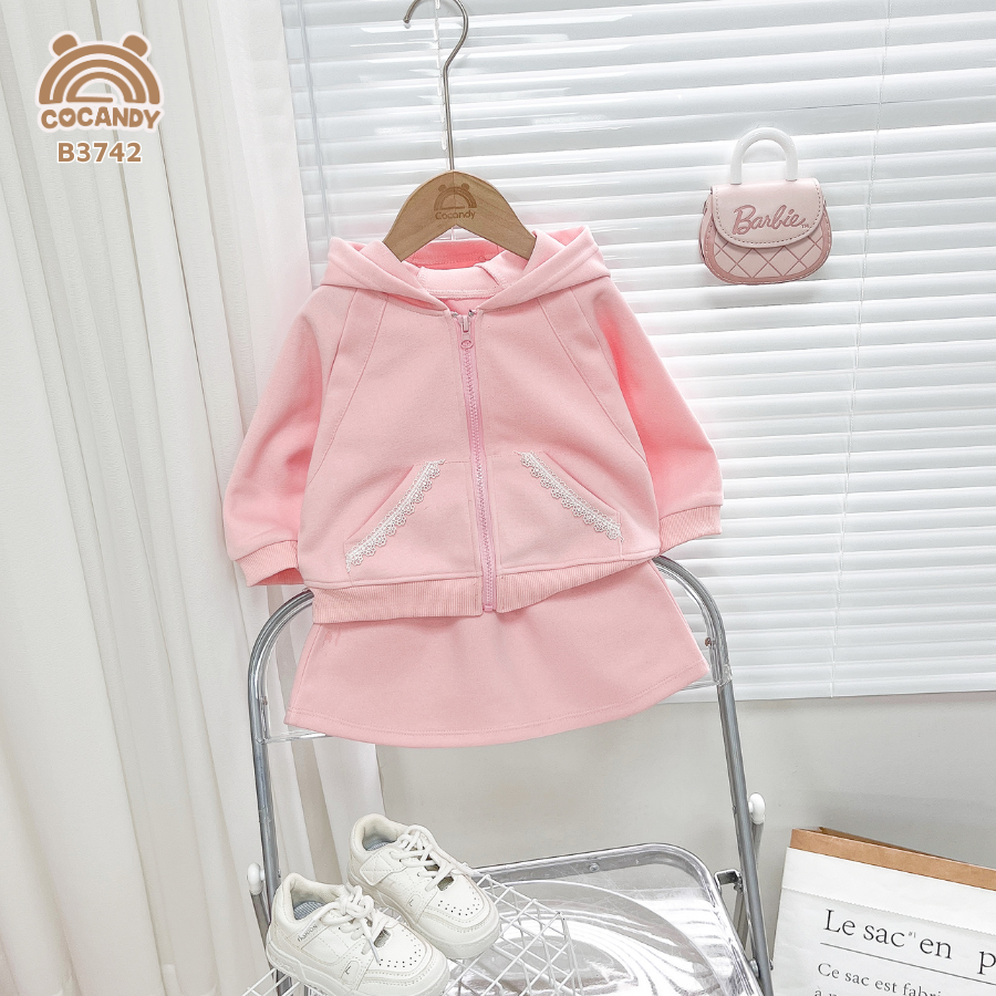 Bộ áo váy HỒNG túi viền ren tai gấu