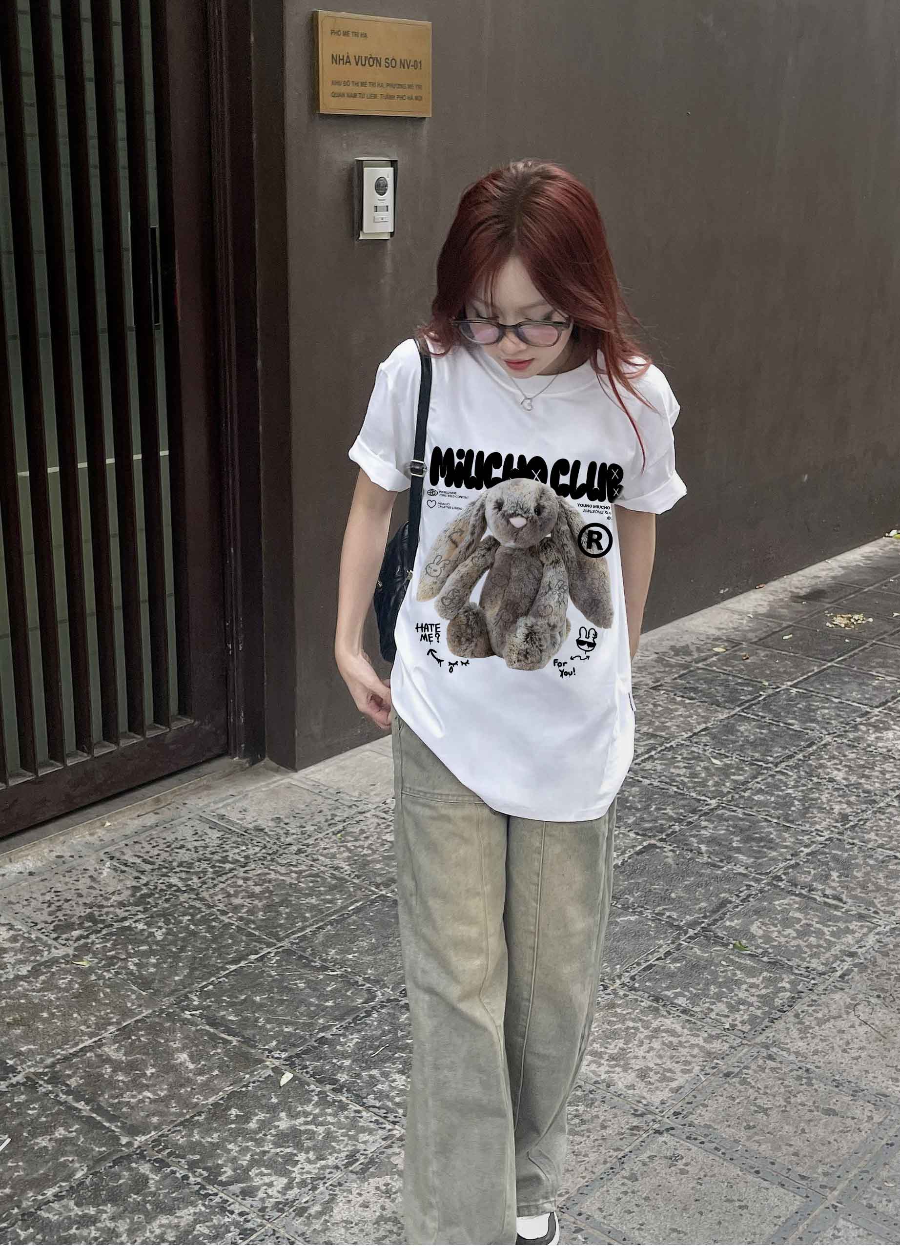 Áo thun thỏ Bunny form rộng local brand ATD1254 Miucho tay ngắn cổ tròn in mix_thumbnail_4