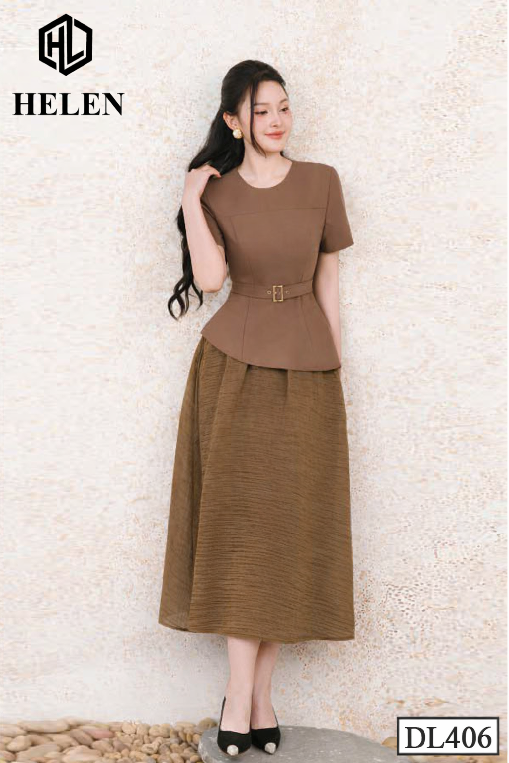 Đầm liền giả set nâu cổ tròn + kèm đai DL406
