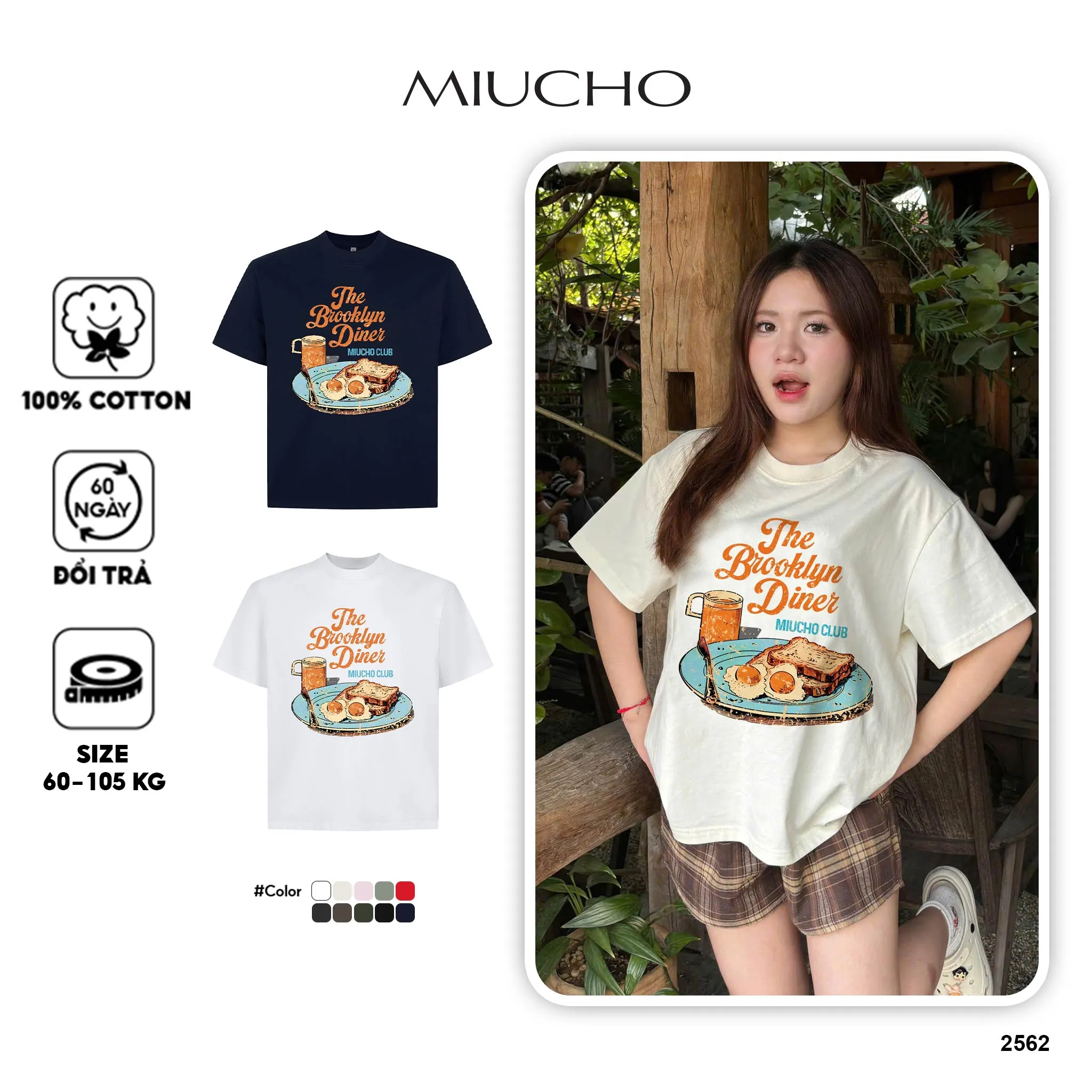 Áo thun boxy The Brooklyn Diner 2562 Miucho vải cotton thoáng mát đủ size đủ màu dễ phối đồ in mix
