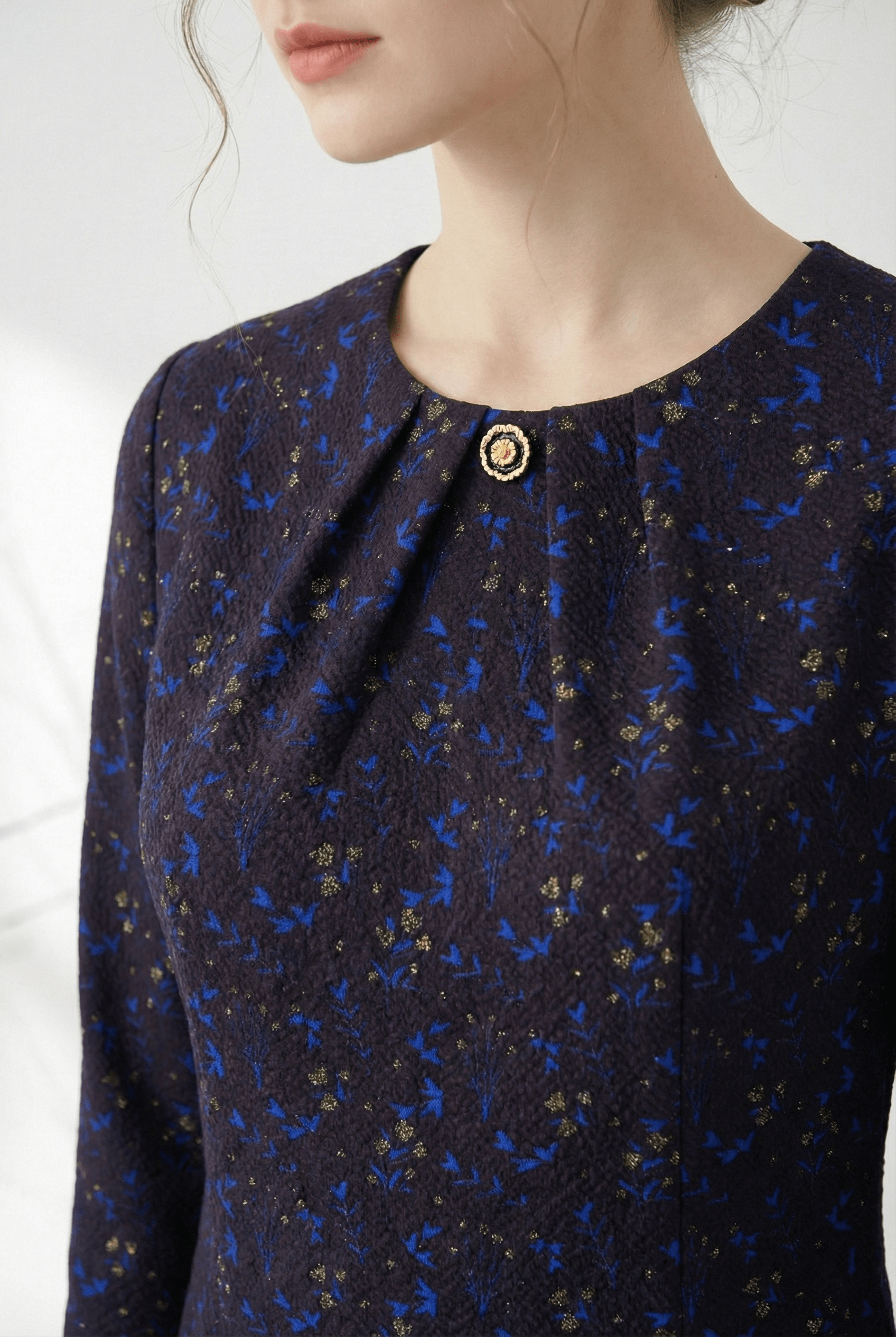 Váy Đầm Suông Vải len giả ren Hoạ tiết hoa văn ren chìm Cổ tròn cao Đính dây ren cườm Tay dài Dài ngang bắp chân_thumbnail_5