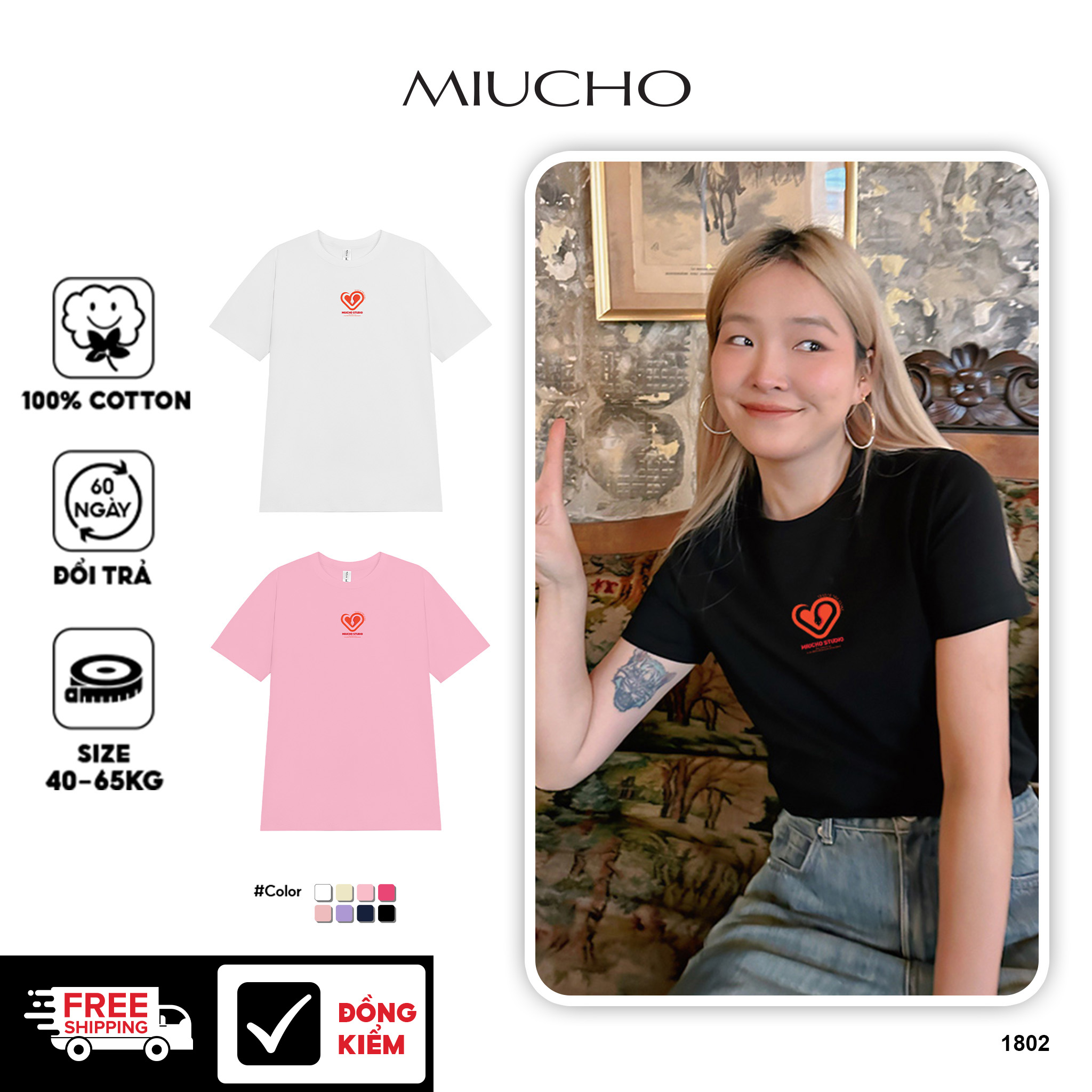 Áo thun nữ tết form vừa regular vải cotton 4c thoáng mát 1802 Miucho in mix