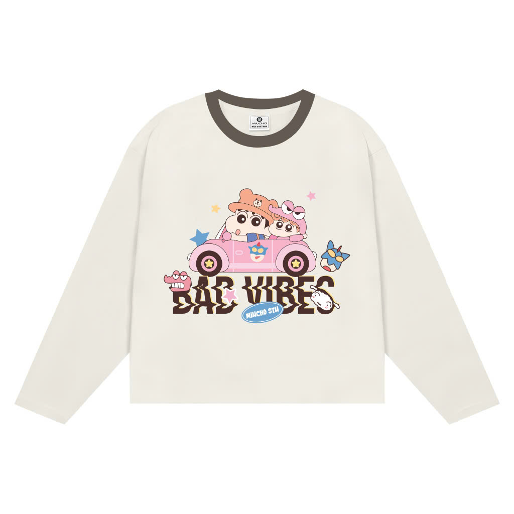 Áo thun boxy tay dài Miucho chất vải co giãn thoáng mát đứng form phối cổ mix màu Cu Shin 2812