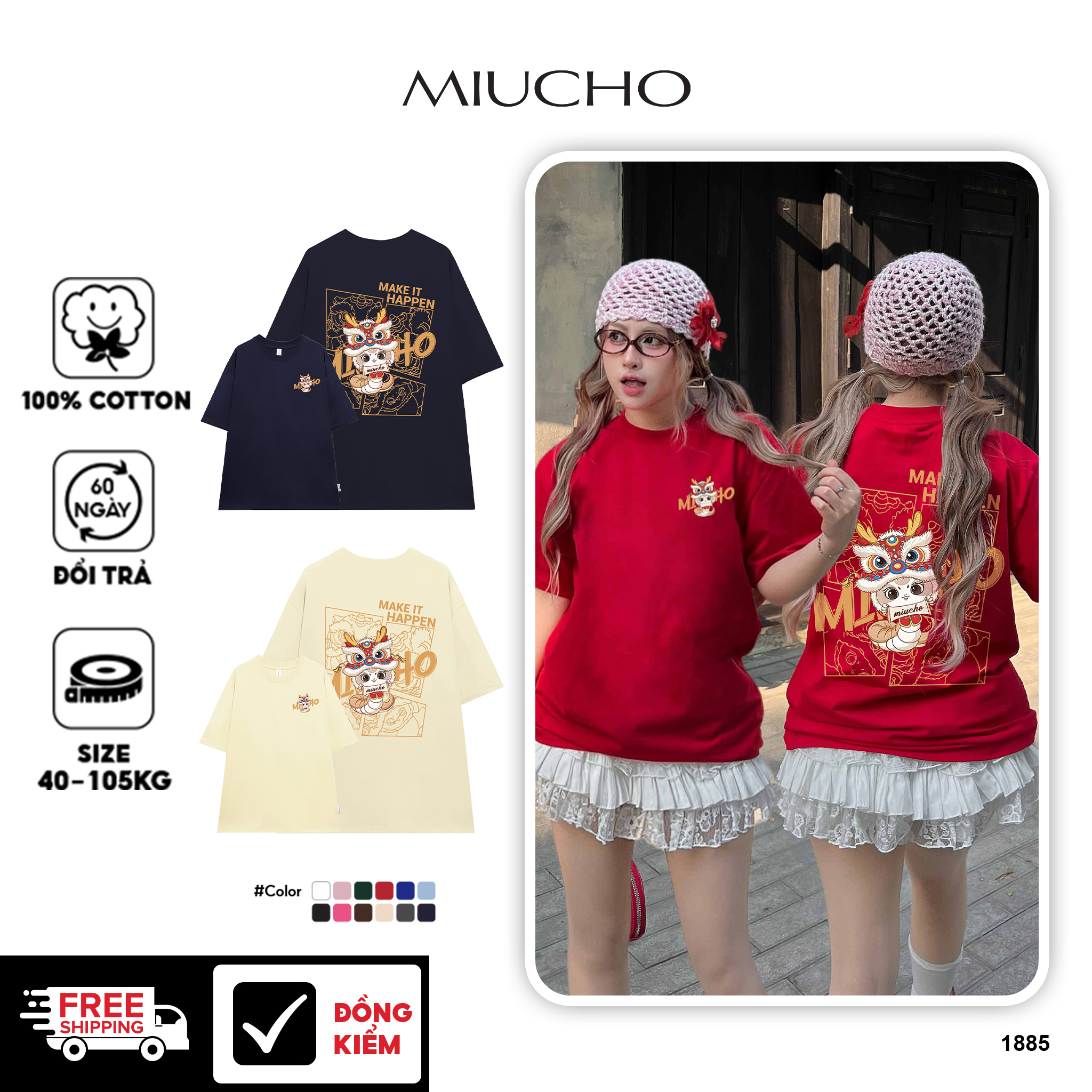 Áo thun tết form rộng 1885 Miucho cổ tròn chất vải cotton 4c thoáng mát in mix