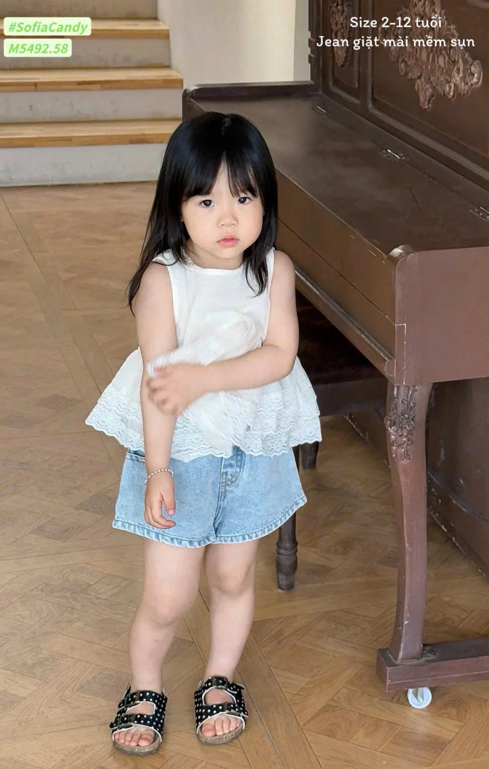 HE67 - Set áo trắng ren + quần jean bé gái