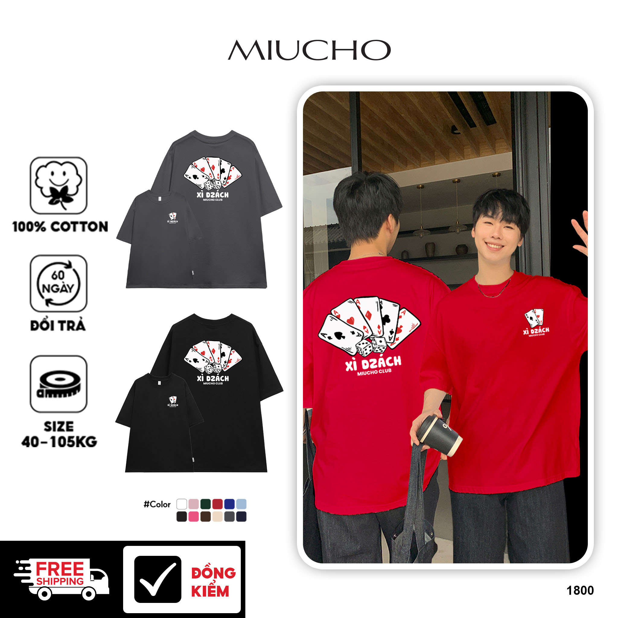Áo phông tết nam form rộng cổ tròn vải cotton 4c co giãn thoáng mát 1800 Miucho in mix