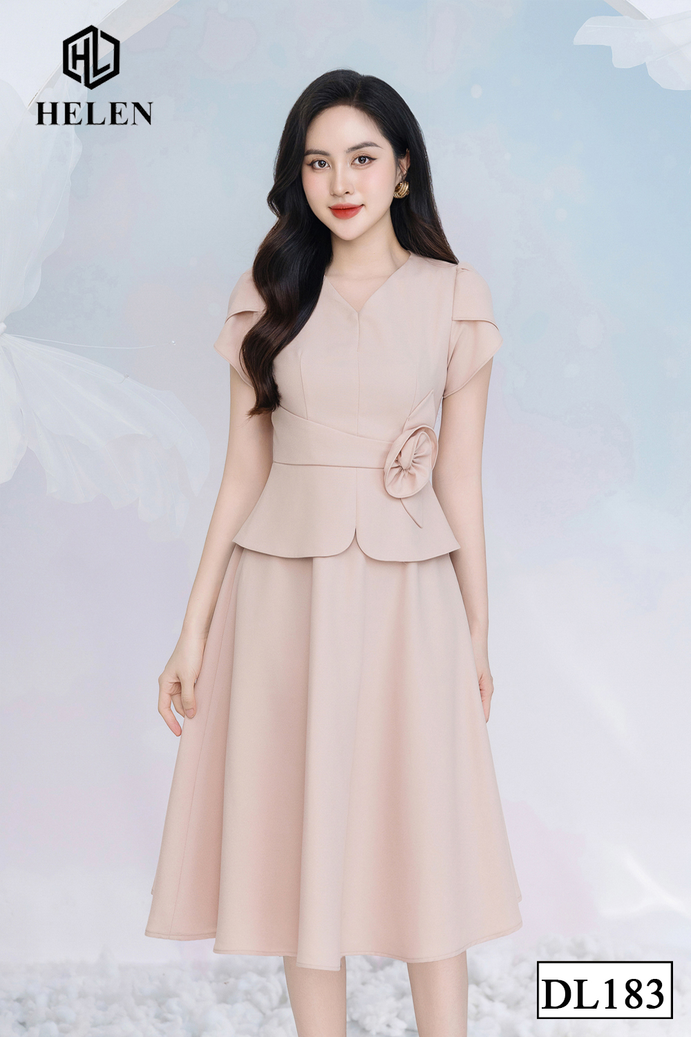 Đầm xòe peplum màu nude cổ V đính hoa eo DL183_thumbnail_0