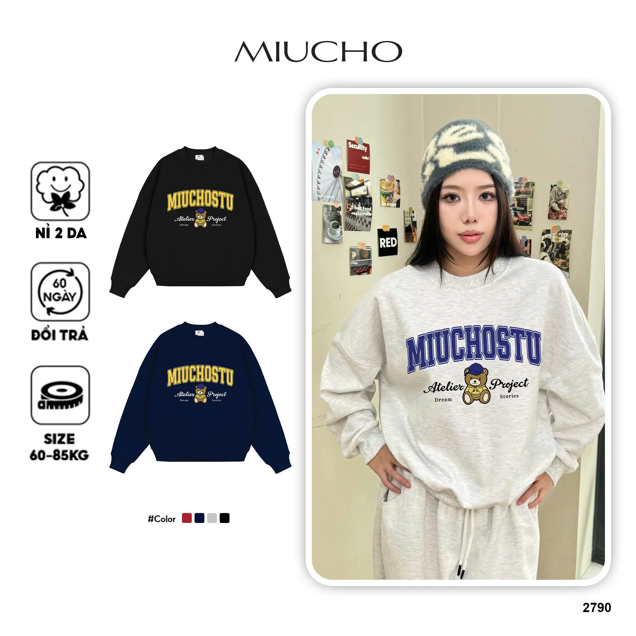 Áo Sweater nam nữ form boxy Miucho nỉ 2 da thoáng mát dày dặn giữ ấm tốt in mix 2790