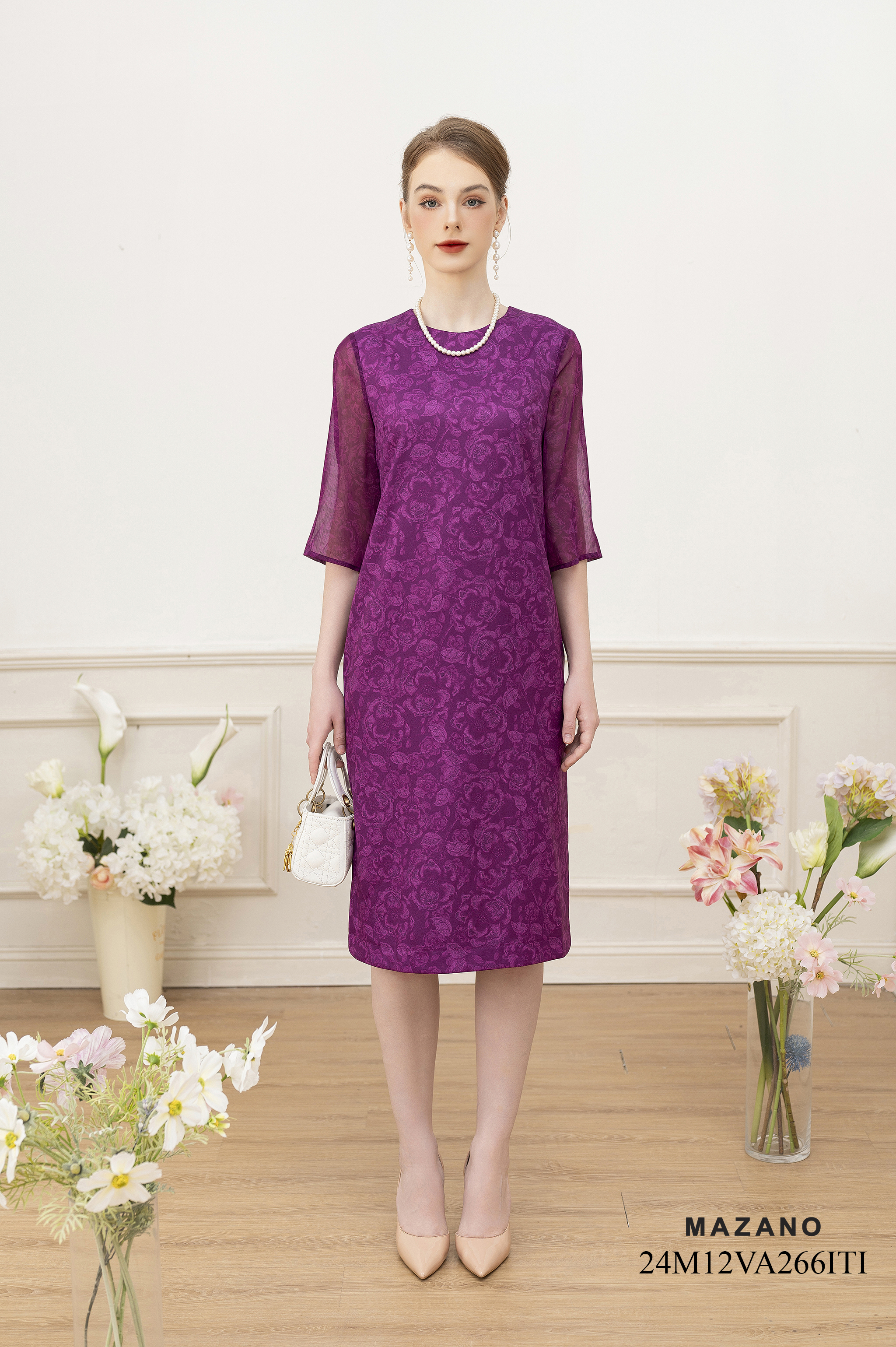 Váy Đầm suông Vải thô phối voan Hoạ tiết hoa trà cách điệu Cổ tròn Tay lỡ Dài đến bắp chân 24M12VA266ITI