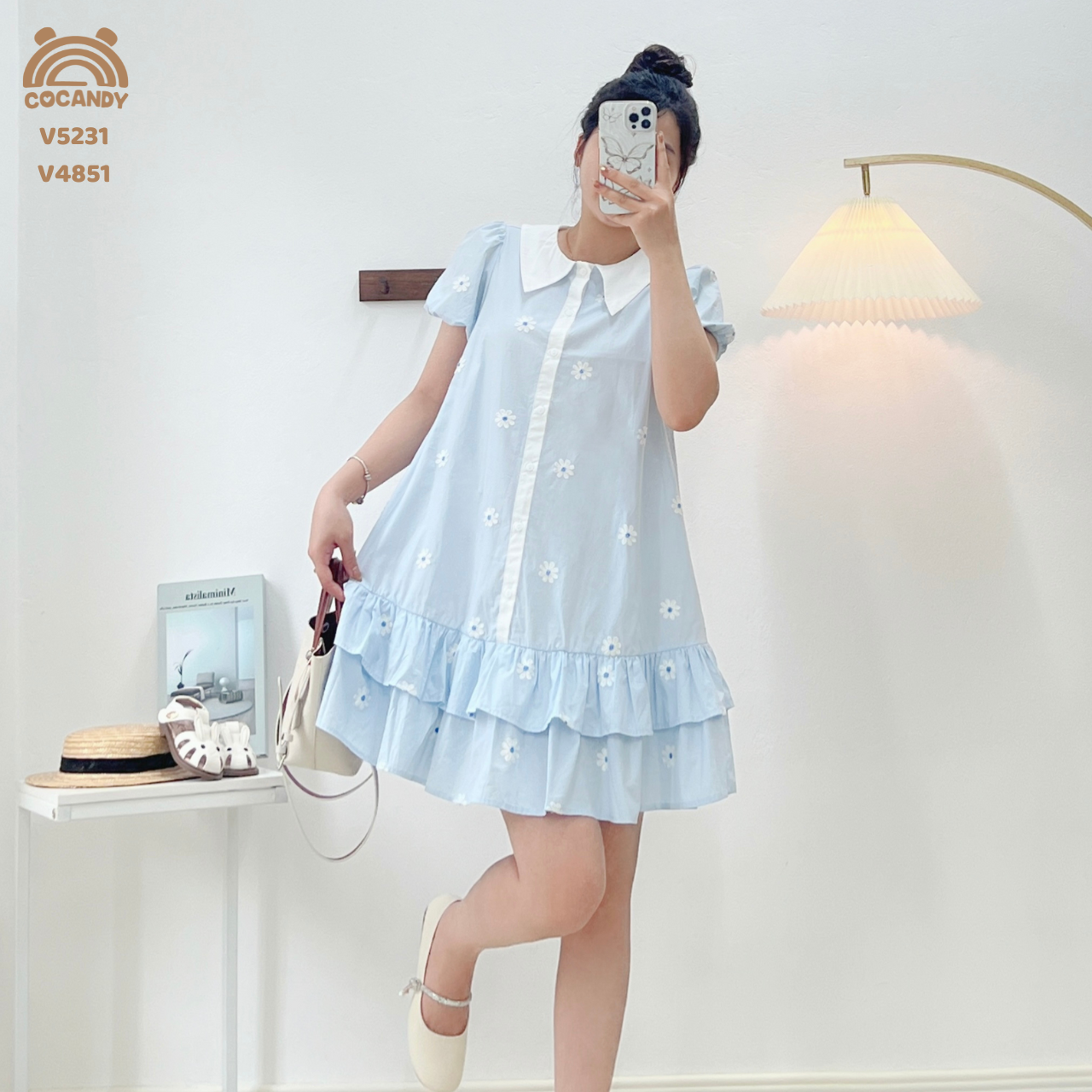 Váy cộc XANH DƯƠNG hoa nhí tay phồng NỮ