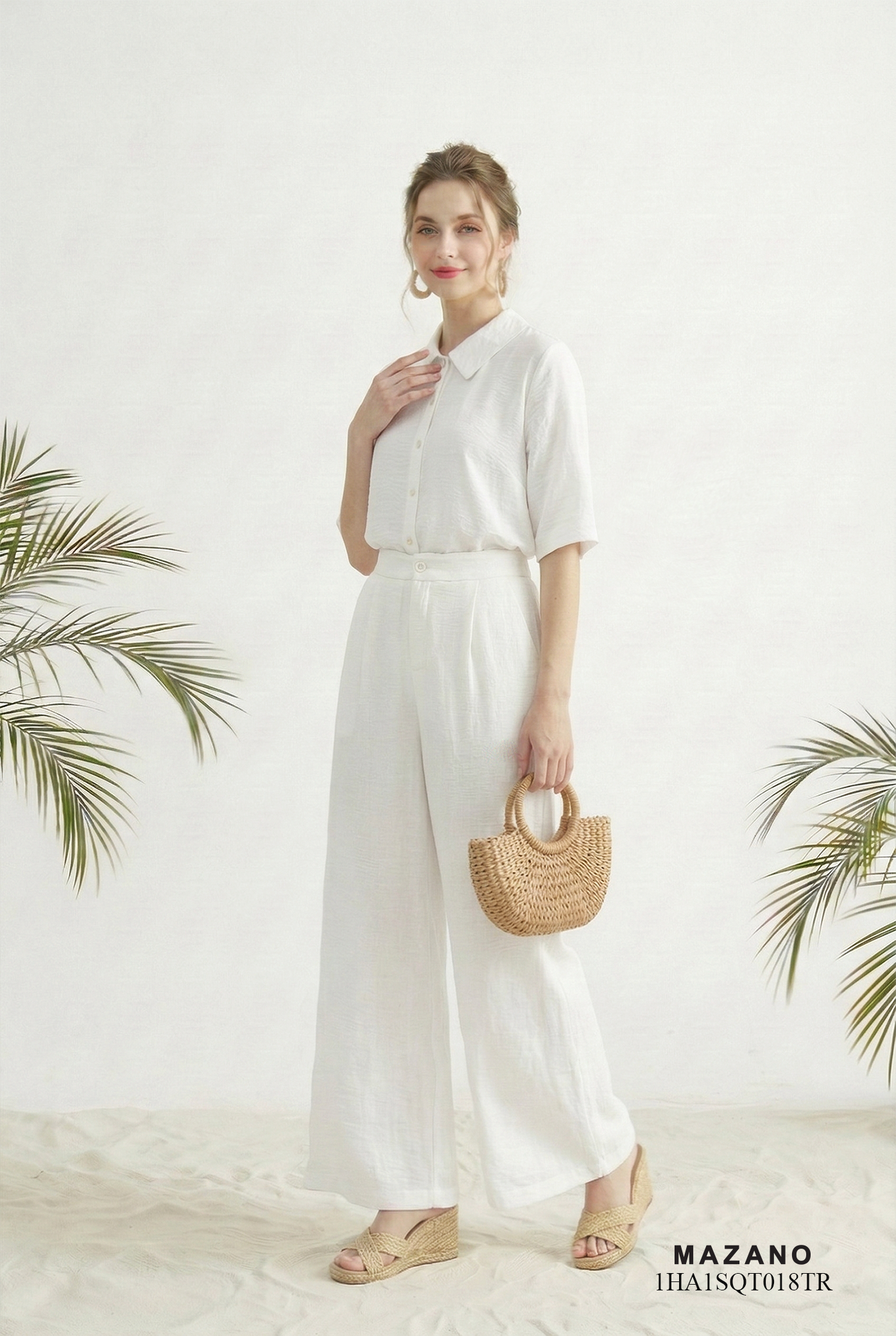 Quần vải pha linen trắng dáng suông rộng thiết kế MAZANO