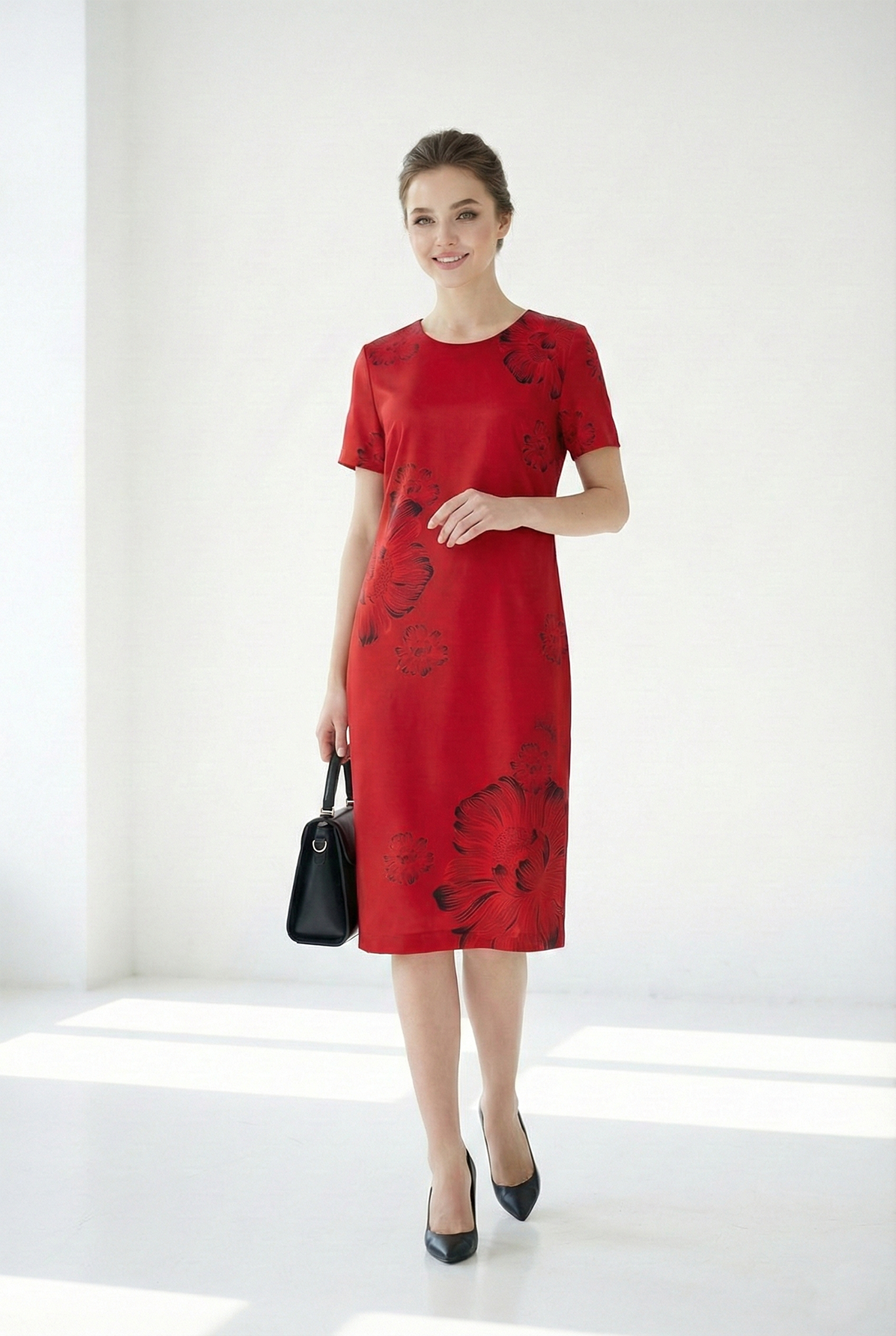 Đầm vải lụa đỏ in hoa cách điệu dáng suông cổ tròn tay ngắn thiết kế MAZANO_thumbnail_3