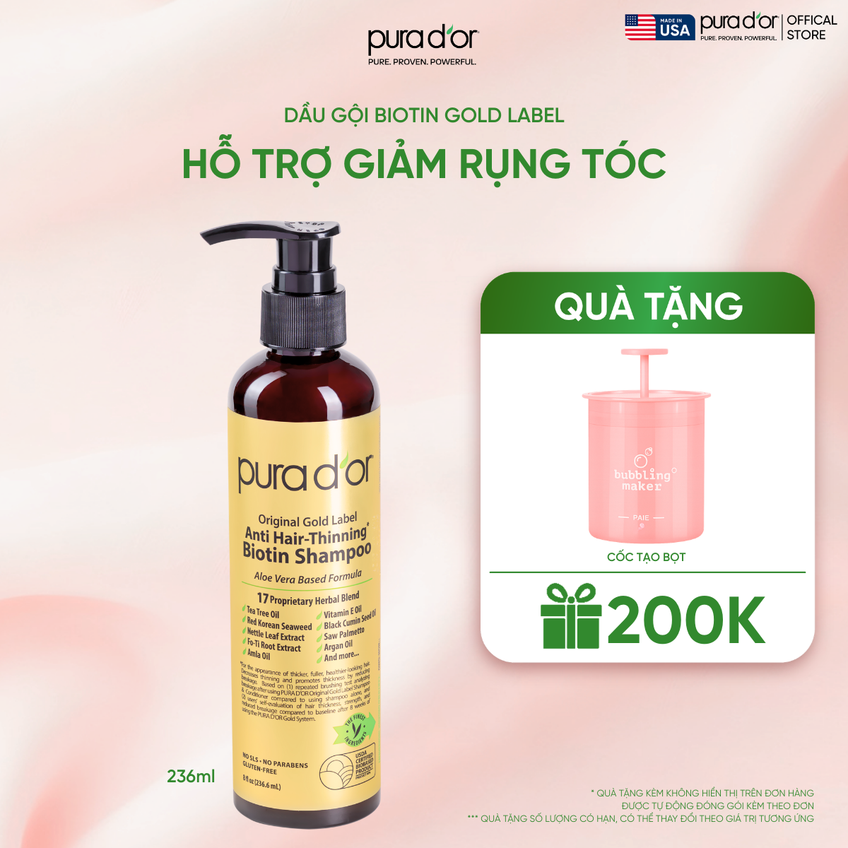 Dầu Gội Biotin Pura D'or Original Gold Label Chăm Sóc Da Đầu, Giảm Rụng Tóc, Hỗ Trợ Mọc Tóc 236ml