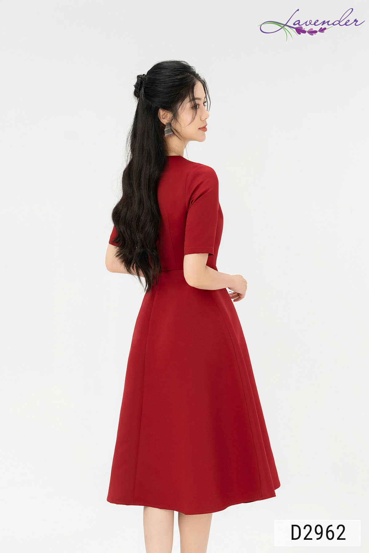 Đầm xòe tafta công sở Thời trang Lavender đỏ tay lỡ phối hoa vai D2962_thumbnail_3