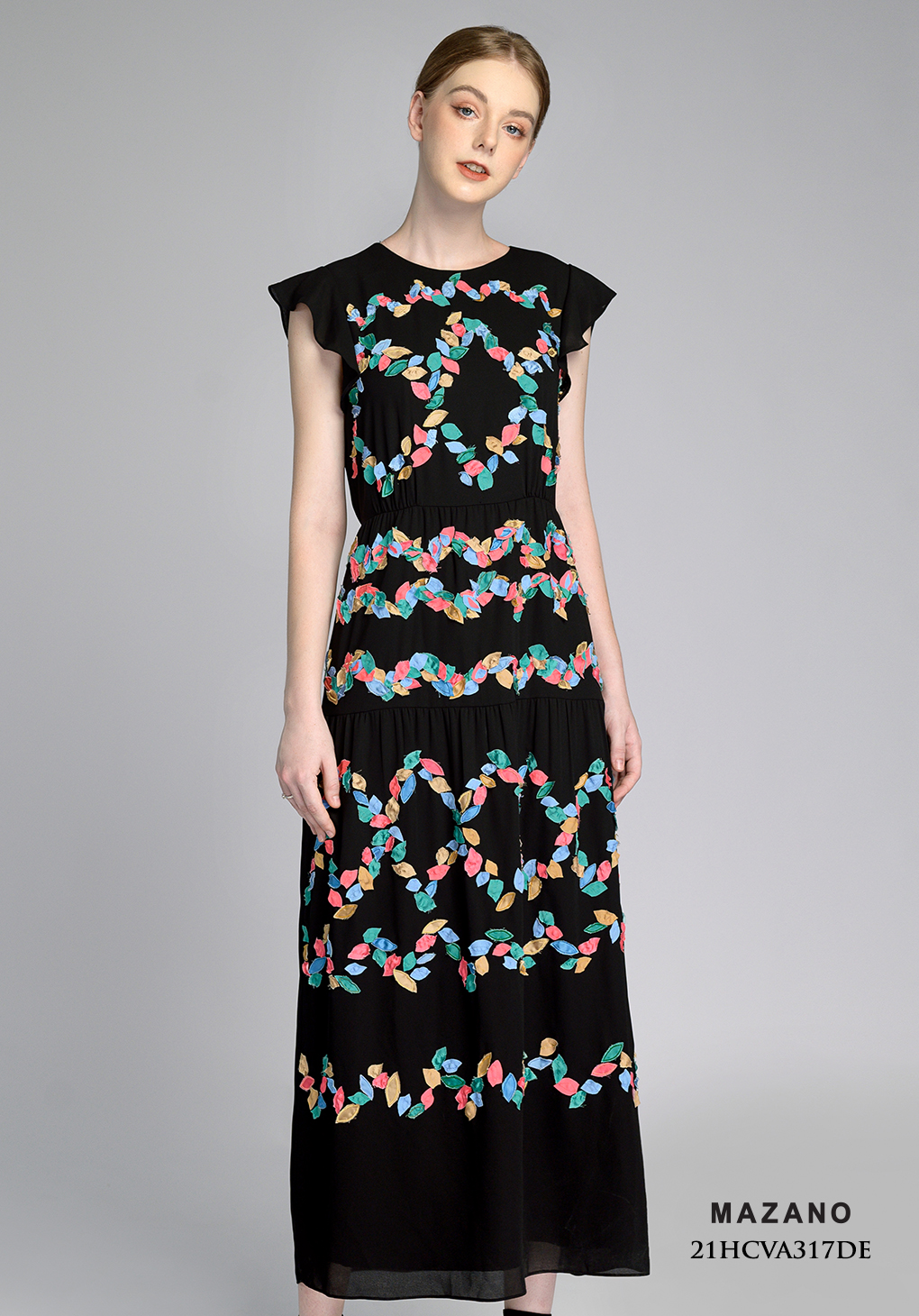 Váy Đầm suông Vải Voan Sạn Đính đắp họa tiết Cổ tròn Tay bèo ngắn Dài dưới bắp chân_thumbnail_4