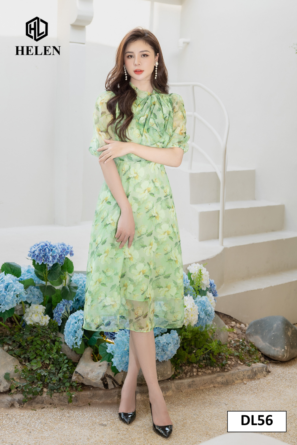 Đầm xòe hoa xanh cổ nơ DL56_thumbnail_2