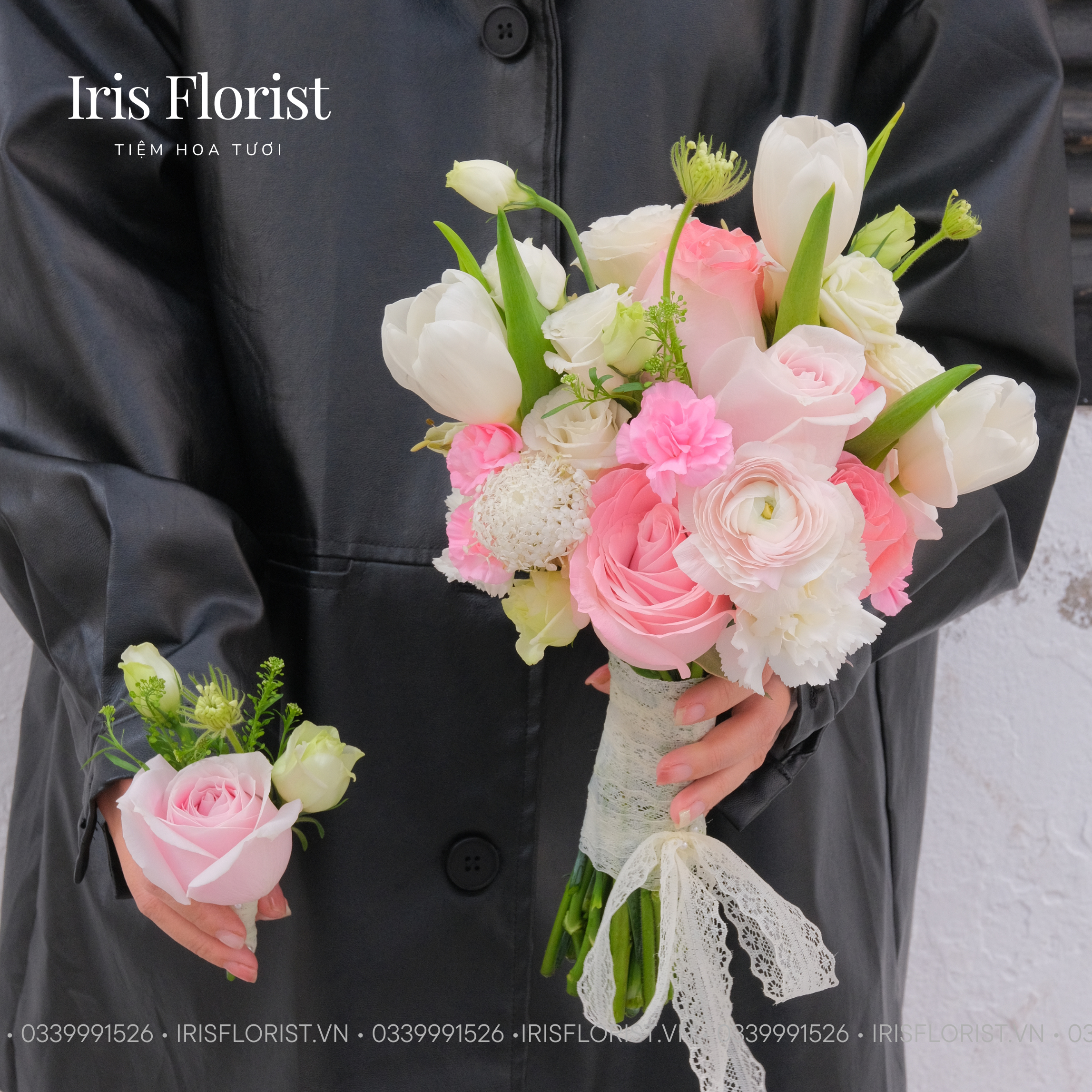 Bó hoa cưới tone hồng mix tulip trắng