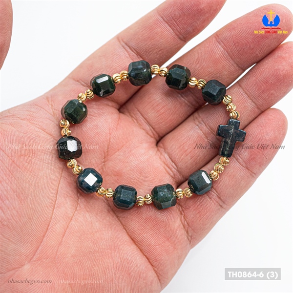 Vòng Mân Côi đá vuông 8ly màu xanh ngọc bích vàng thánh giá đá_thumbnail_3