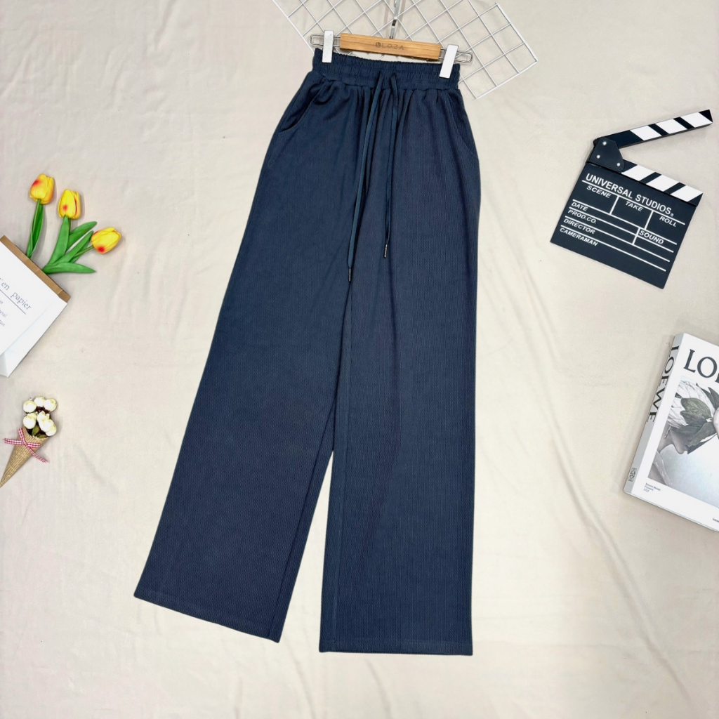 Quần ống rộng nữ LOZA vải tăm ong dày dặn cạp cao co giãn có dây rút culottes dáng thụng -LQ094214_thumbnail_3
