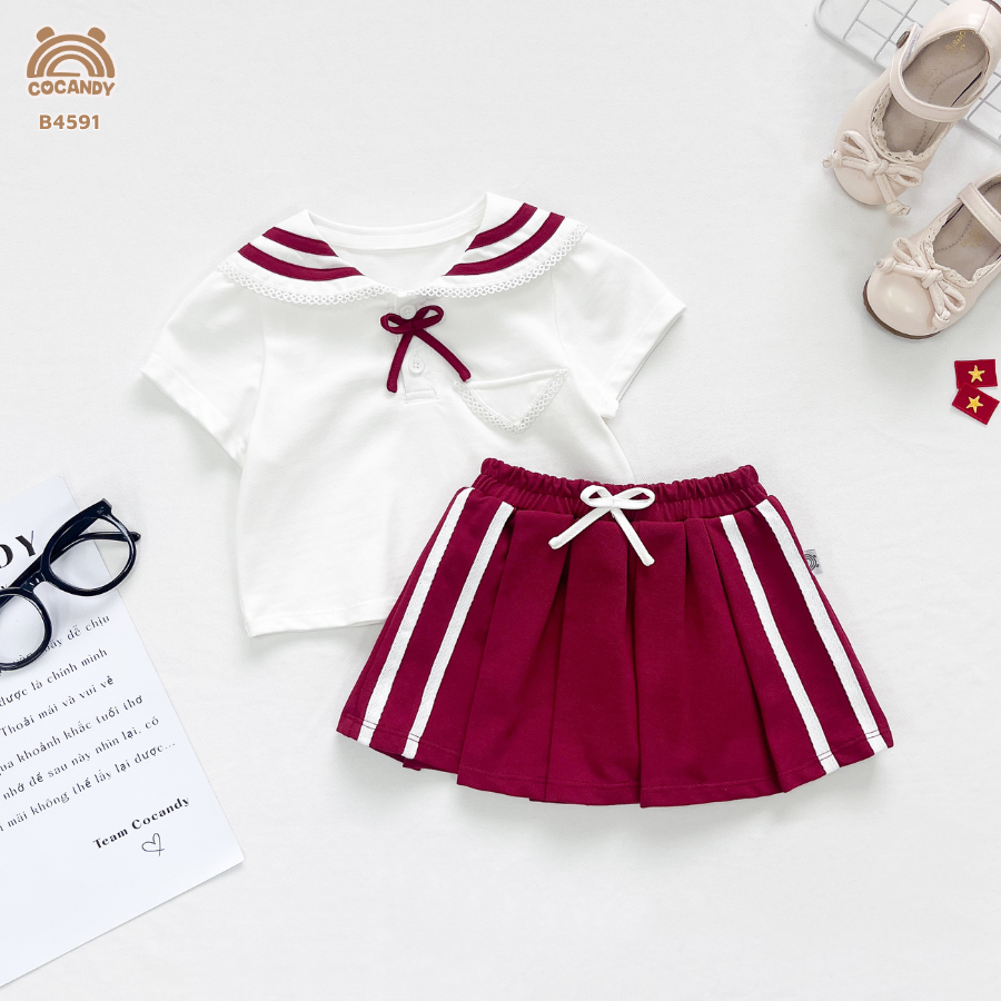 Bộ cộc ĐỎ phối trắng cổ thủy thủ + chân váy tennis