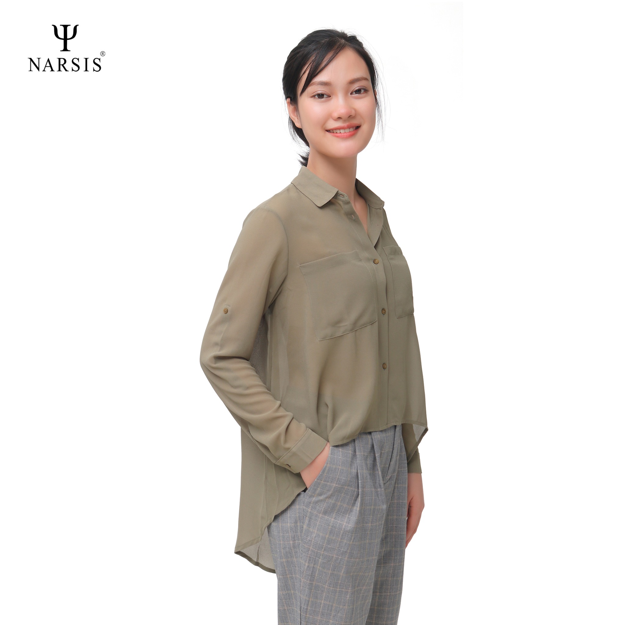 ÁO SƠ MI VOAN XANH RÊU NỮ L0003 NARSIS CHẤT LIỆU THOÁNG MÁT, DỄ CHỊU, THOẢI MÁI CẢ NGÀY, DỄ VẬN ĐỘNG_thumbnail_1