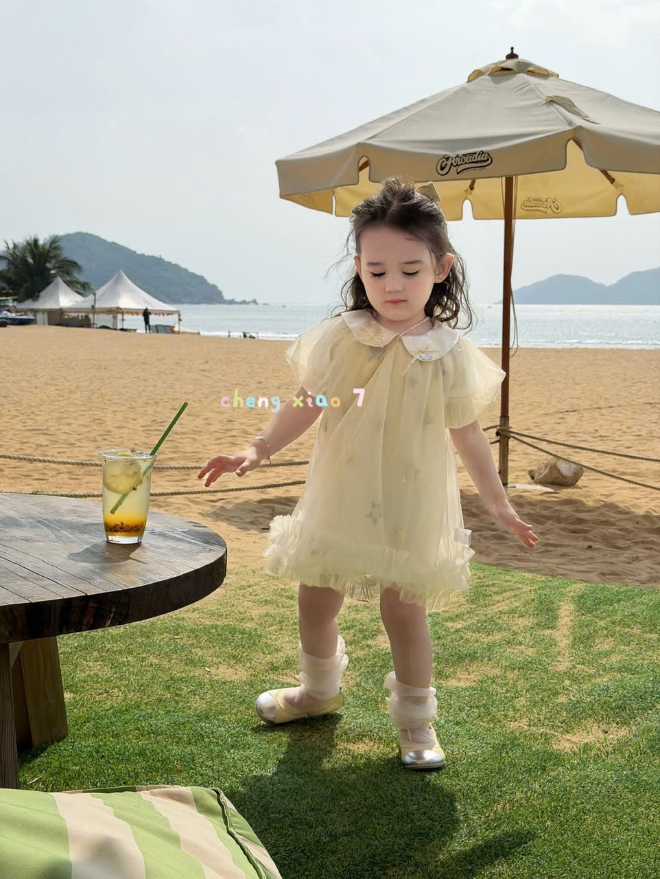 CX43 - Váy voan lưới cổ sen phối bèo vàng kem hãng CX7