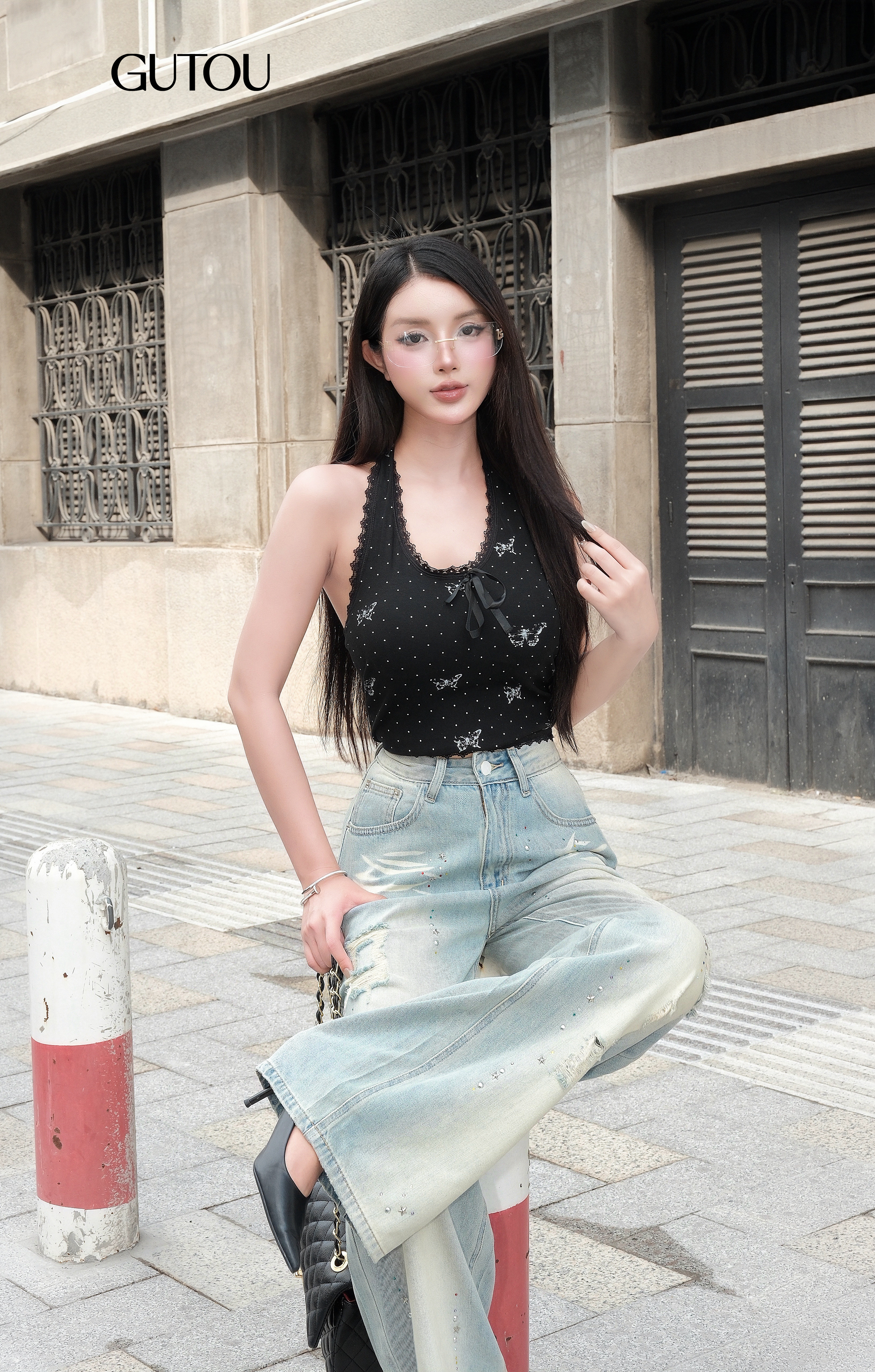 [ GUTOU ] Quần Jean Suông Wash Xước Đính Đá