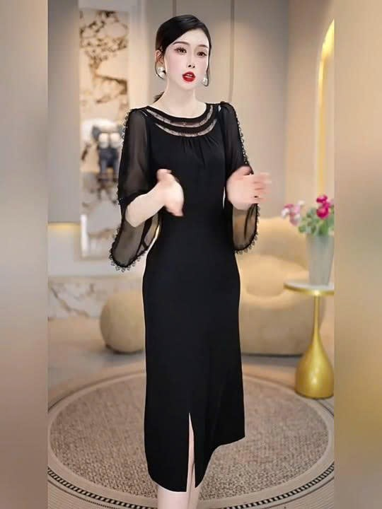 17607-Đầm body suông xẻ tà phối voan tay  loe viền ren (lụa mịn, voan)_thumbnail_0