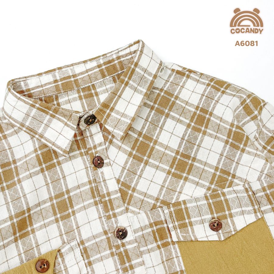 Áo dài caro NÂU 2 túi ngực cúc gỗ_thumbnail_5