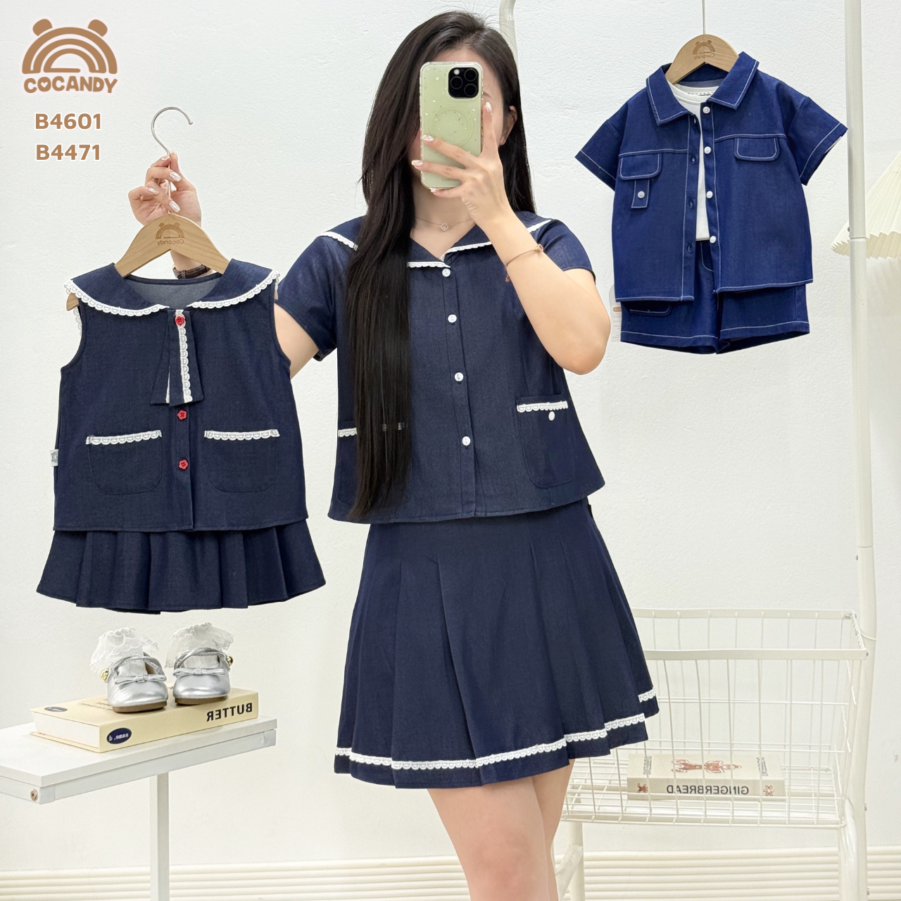 Bộ cộc XANH DENIM cổ thủy thủ + chân váy NỮ