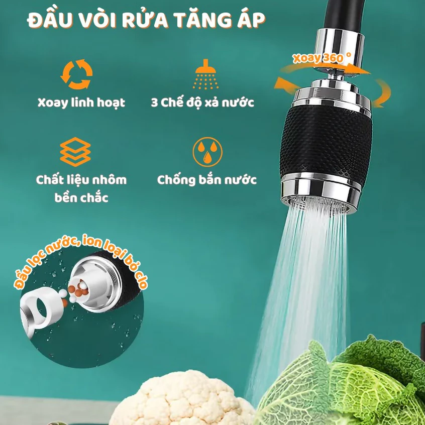 VÒI NƯỚC PHỐI DA ĐEN XOAY 360  Đầu vòi rửa bát tăng áp inox 3 chế độ phun xoay