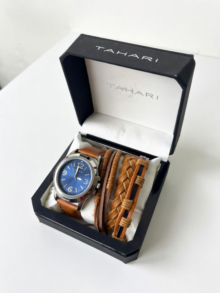 Đồng Hồ Nam Tahari Dây Da Bò Mặt Xanh – Kèm Lắc Tay Phong Cách