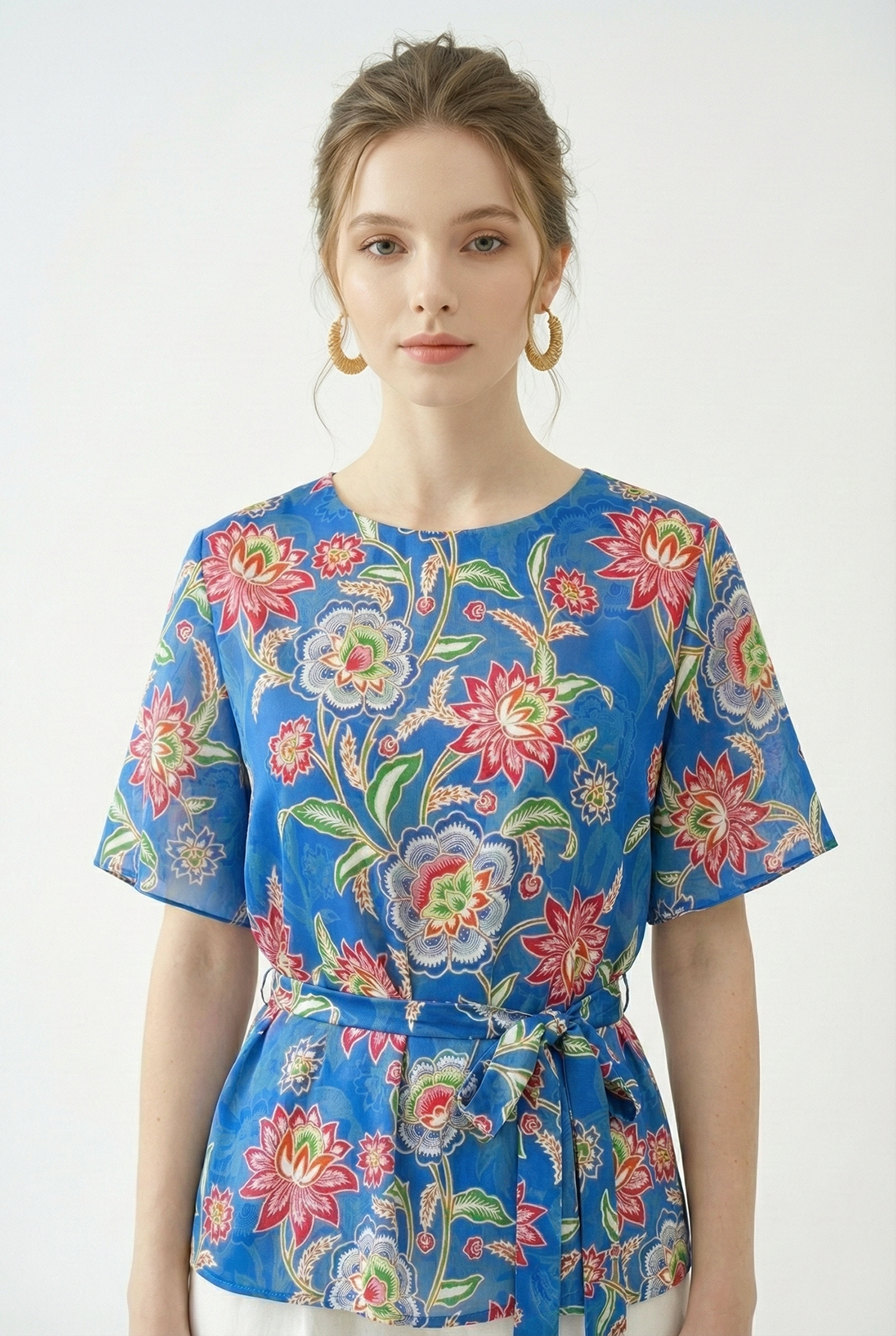 Áo top thắt đai vải lụa xanh in họa tiết cách điệu cố tròn tay ngắn thiết kế MAZANO_thumbnail_3