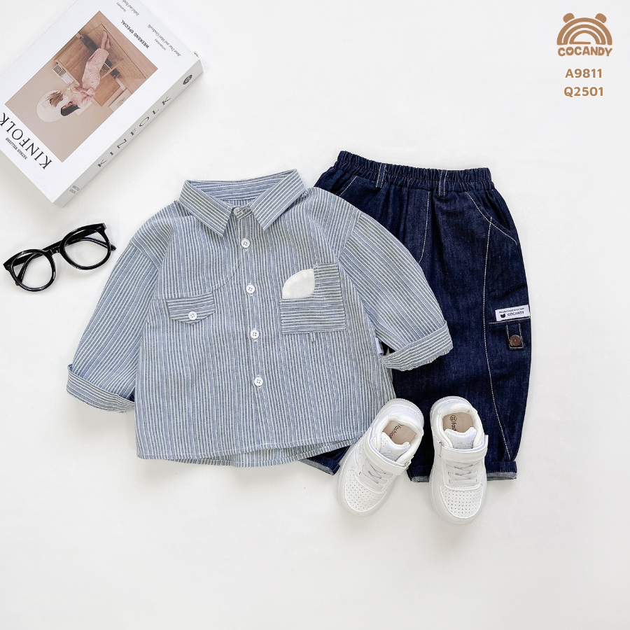 Áo dài kẻ XANH sơ mi phối túi mặt trăng