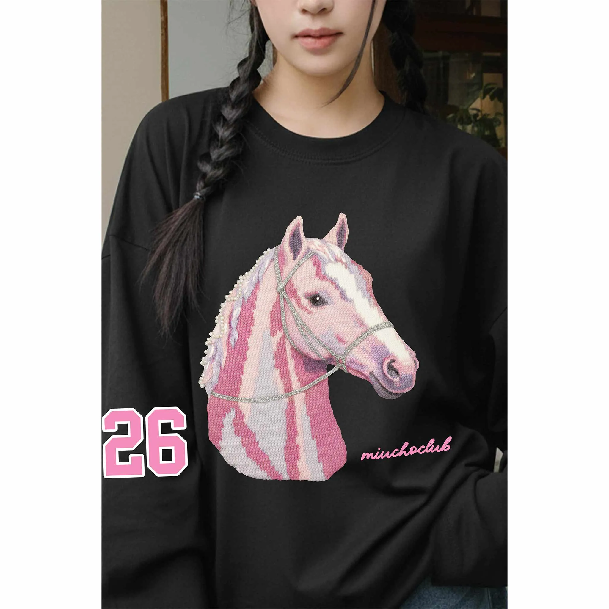 Áo thun boxy nữ tay dài Miucho cotton 2 chiều dày dặn thoáng mát hình ngựa 26 in mix 2787_thumbnail_6